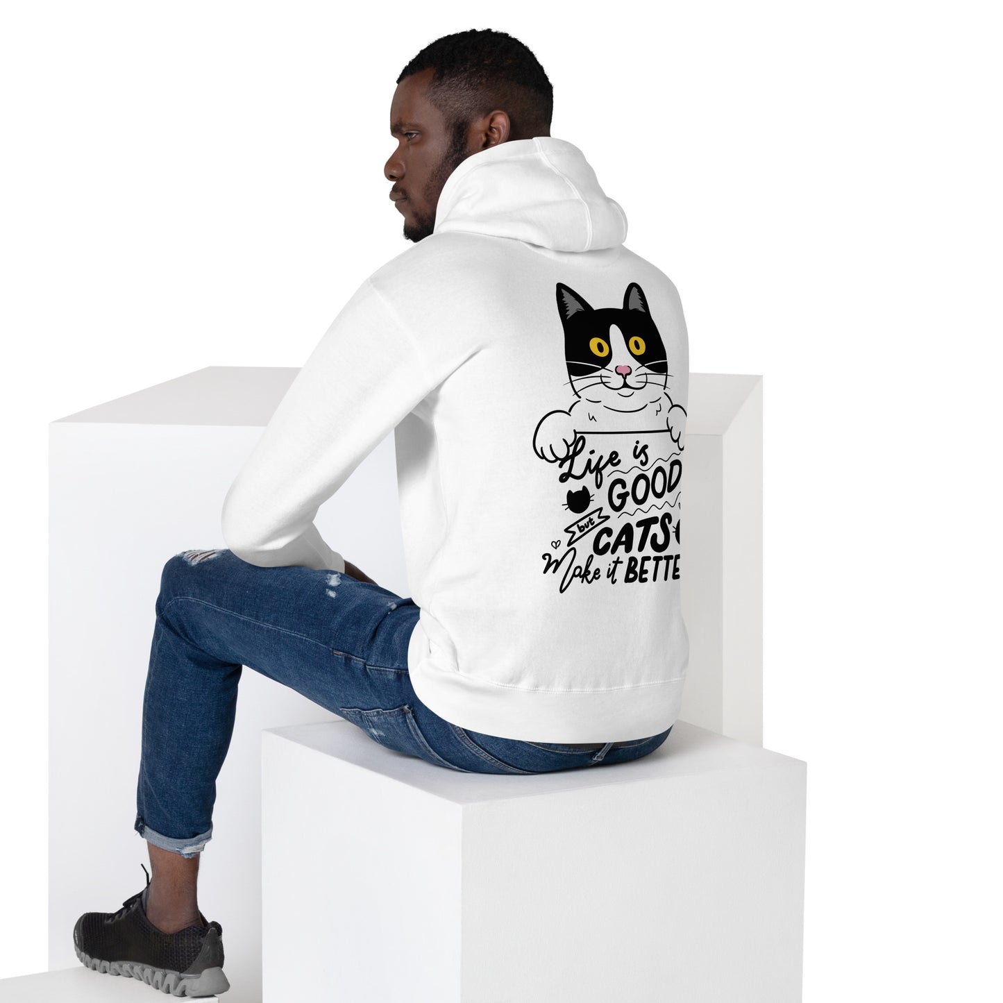 Unisex premium cat hoodie with cartoon black-and-white cat and “Life is Better With Cats” quote – Hipyfi Clothes & Design. white-back