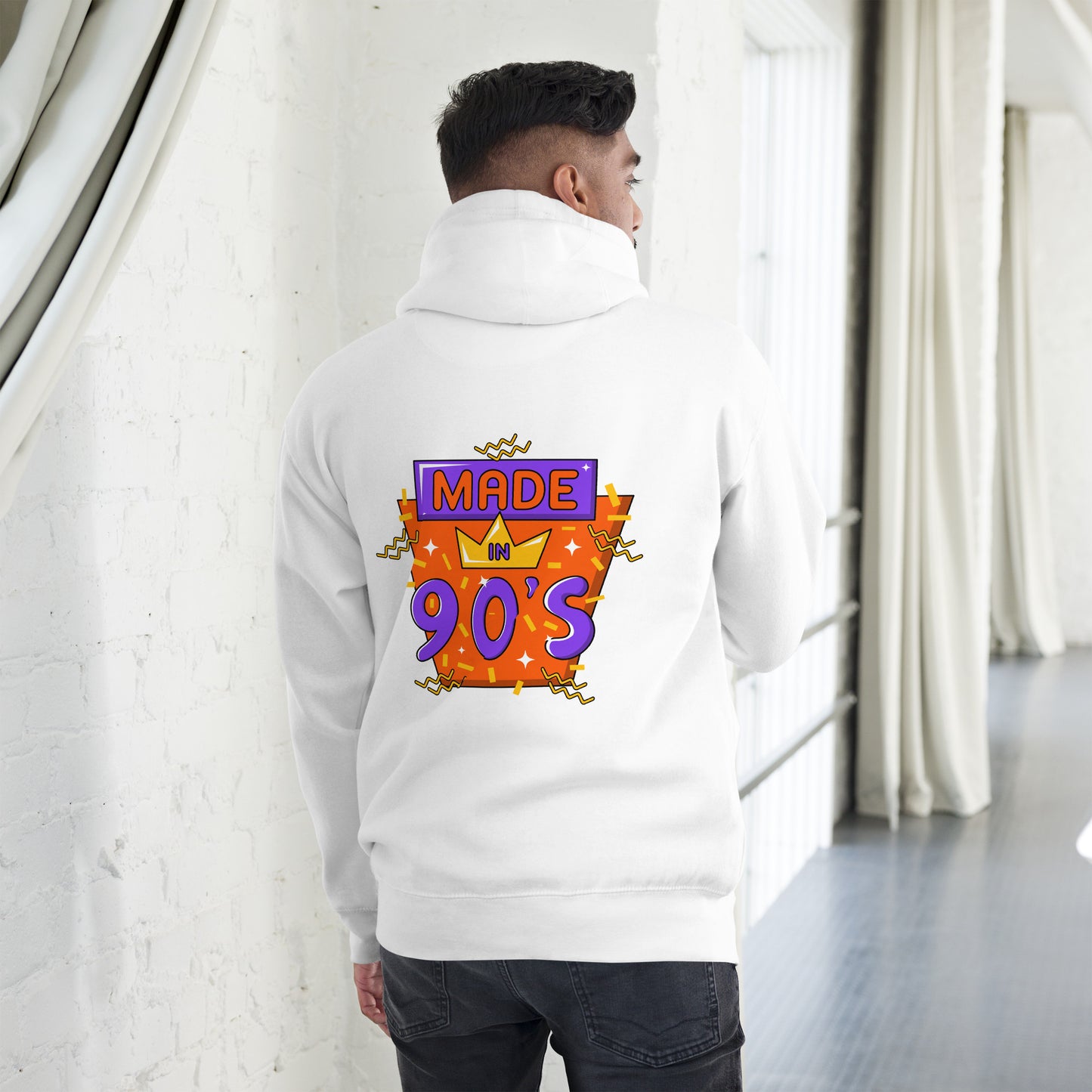 Back to 90s retro unisex graphic hoodie with colorful vintage design – Hipyfi Clothes & Design. white-back