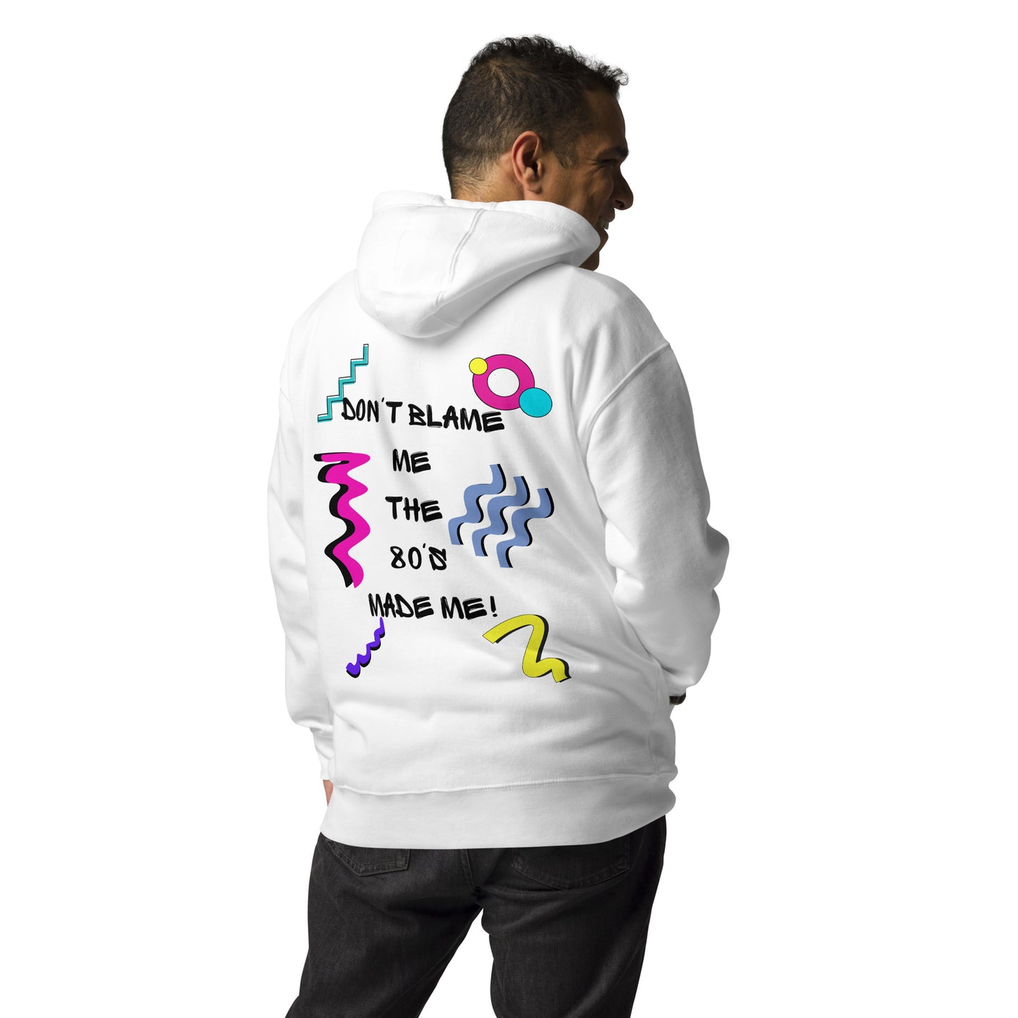 Unisex 80s graphic hoodie with retro slogan – Made in the 80s Vibes by Hipyfi Clothes & Design. white-back