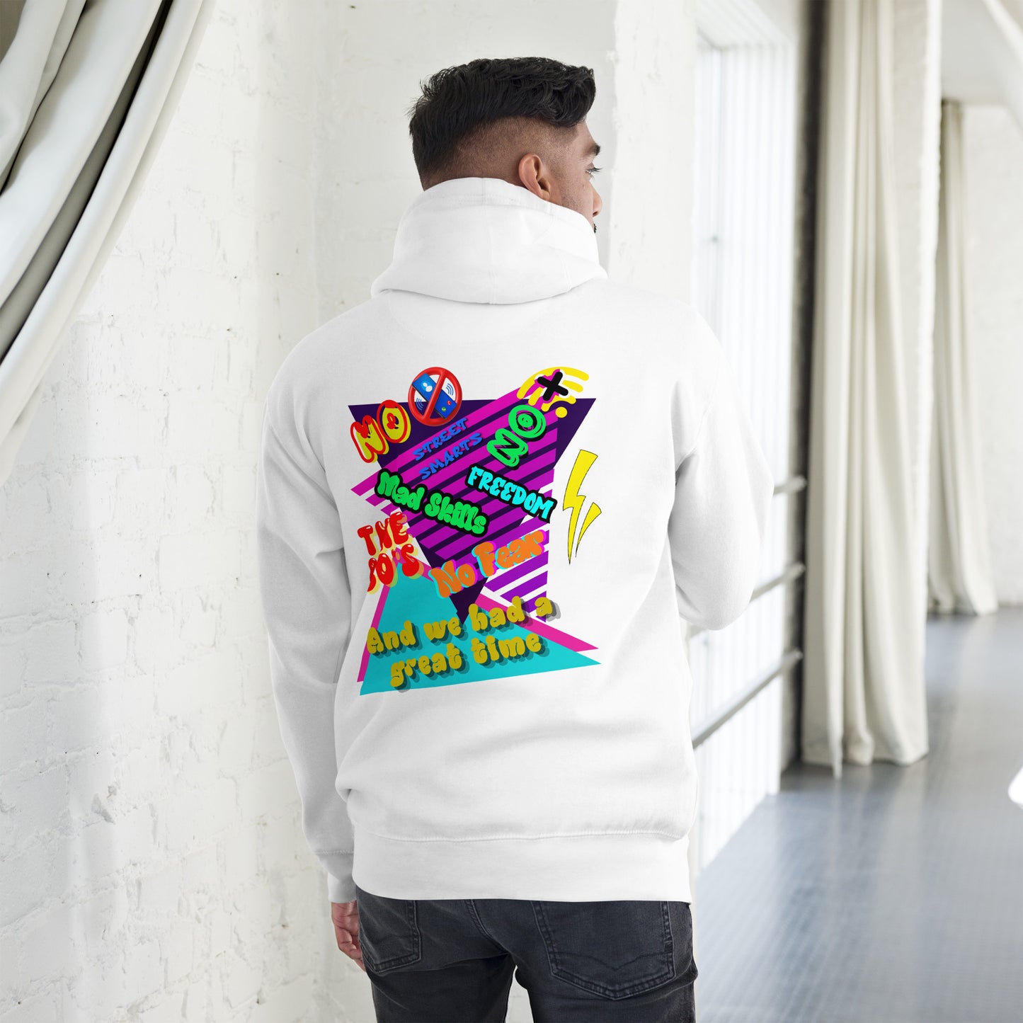 Unisex retro 80s graffiti hoodie with neon colors and streetwear design by Hipyfi Clothes & Design white-back