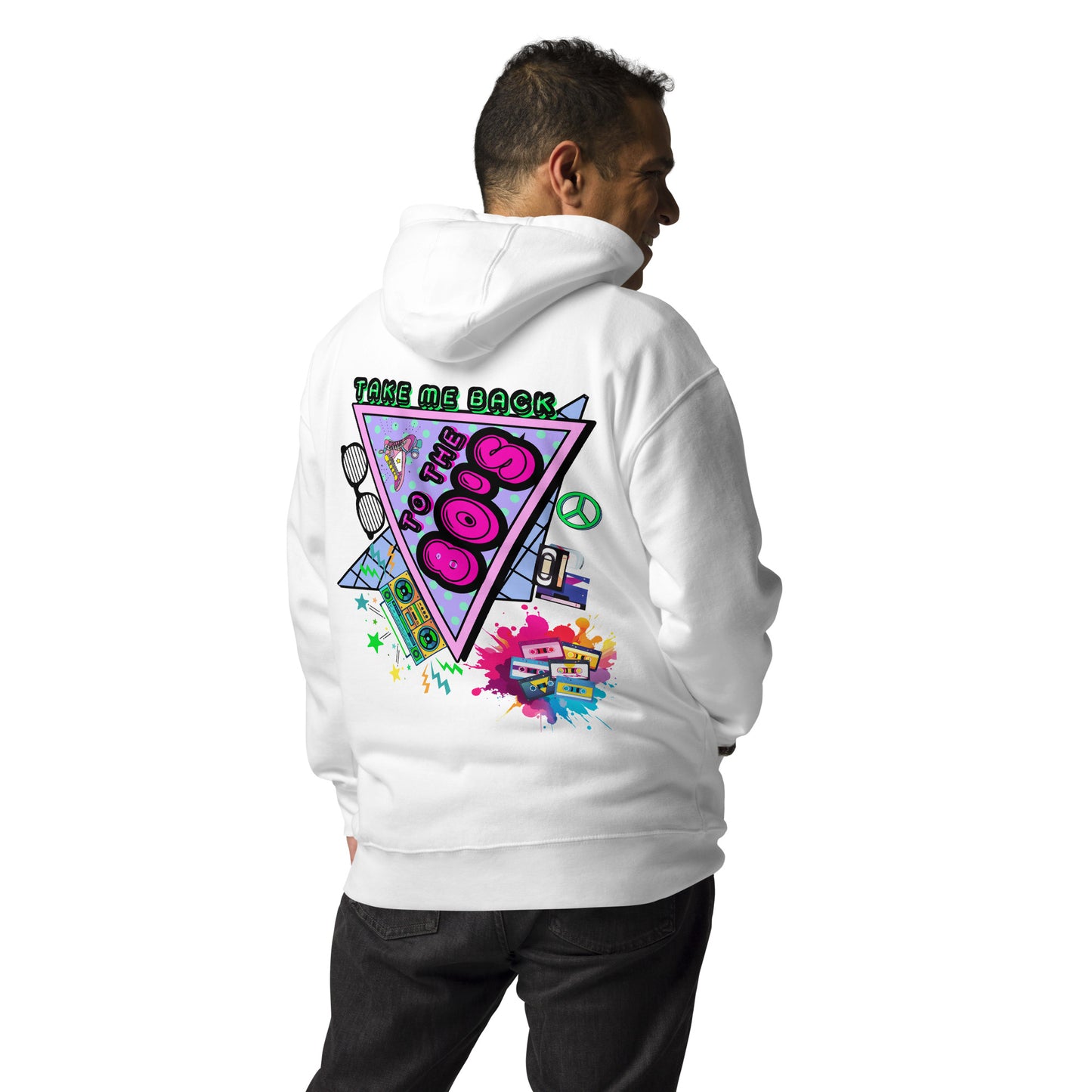 Hipyfi 80s Neon Graphic Hoodie – Unisex Retro Design with Vibrant 80s Pop Culture Graphic. white-back