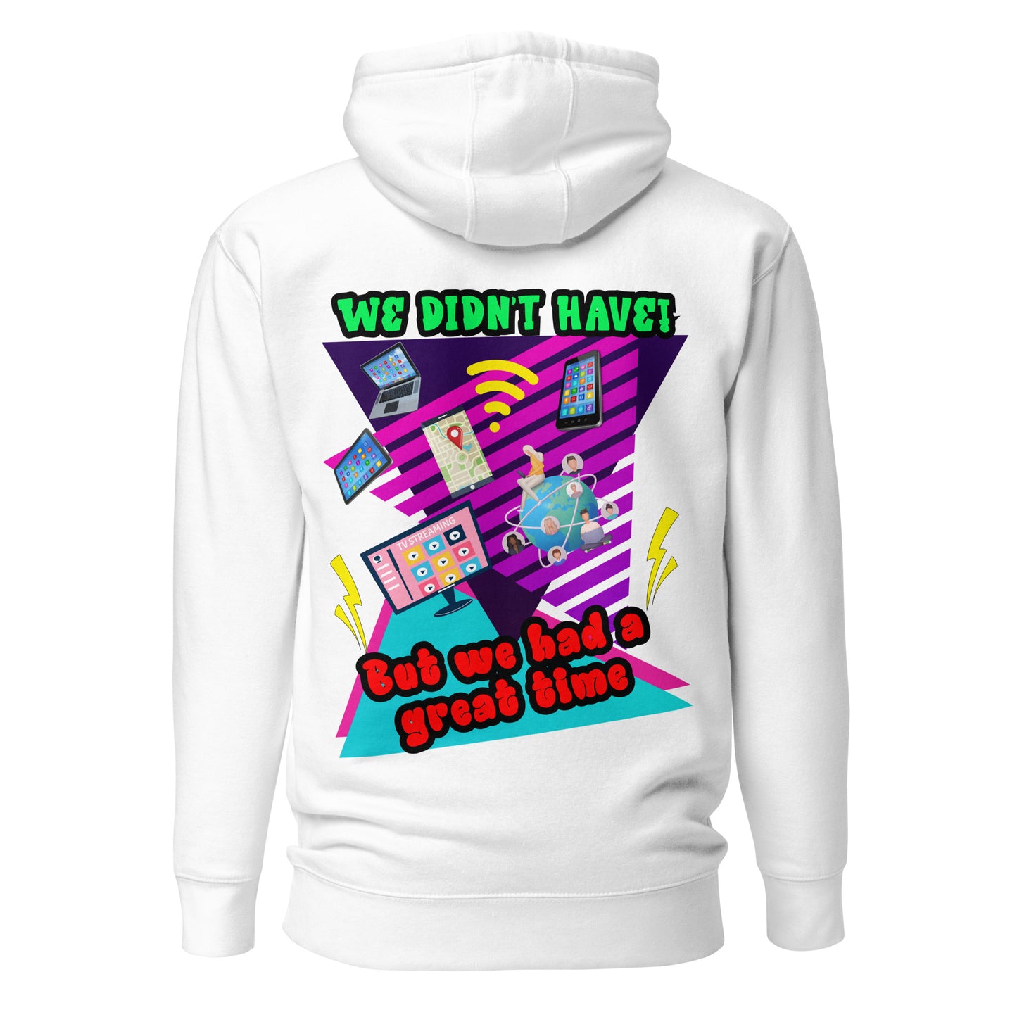 Unisex 80s retro hoodie with bold neon graphic and “Don’t Blame Me, The 80s Made Me” text – Hipyfi streetwear style. white-back-2