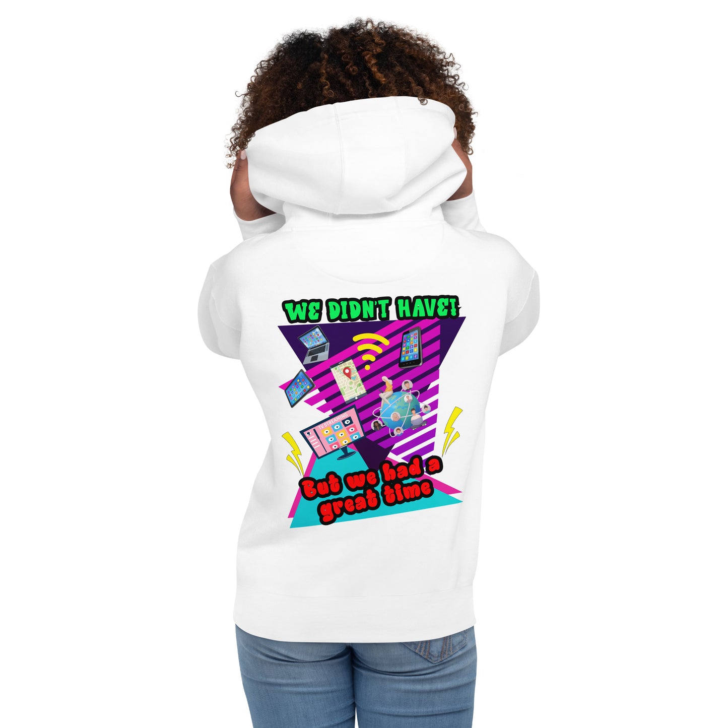 Unisex 80s retro hoodie with bold neon graphic and “Don’t Blame Me, The 80s Made Me” text – Hipyfi streetwear style. white-back