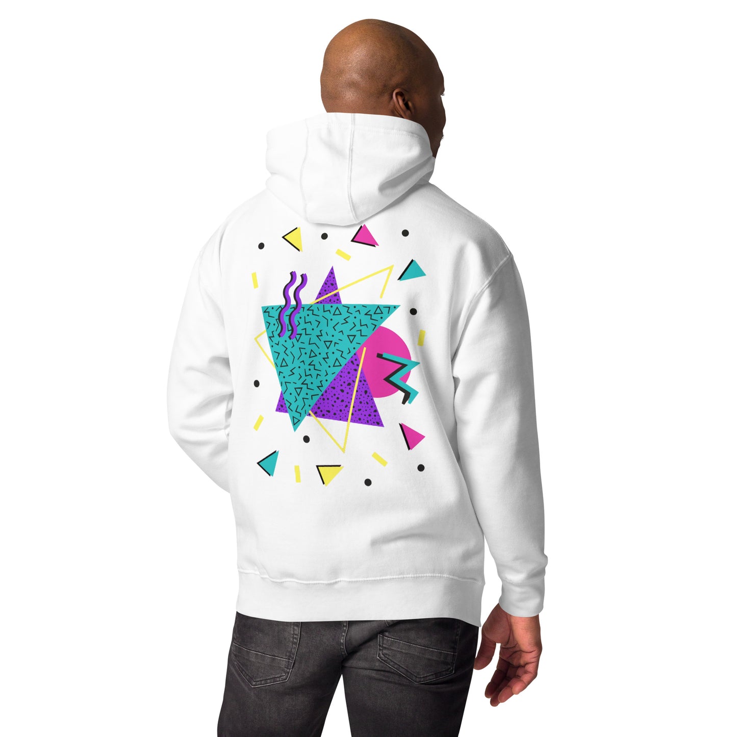 Retro Pop Memphis Hoodie with colorful geometric abstract design – unisex streetwear by Hipyfi Clothes & Design. white-back