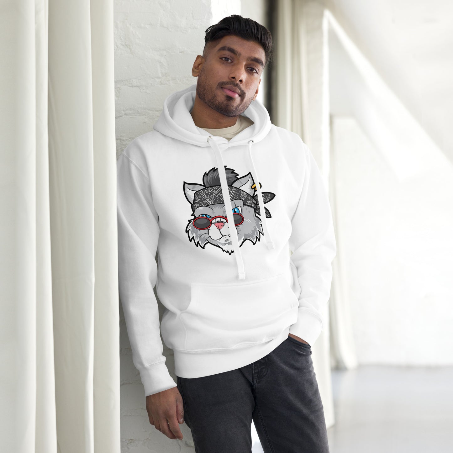 Street Cat Unisex Hoodie featuring cartoon bandana cat graphic – Hipyfi Clothes & Design streetwear. white-front
