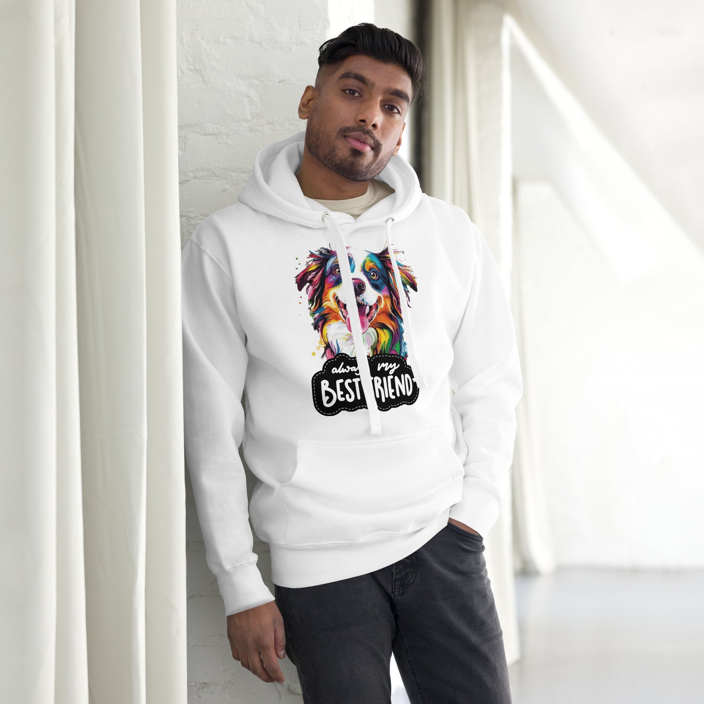 Colorful pop art dog hoodie with 'Always My Best Friend' design – unisex streetwear by Hipyfi. white-front