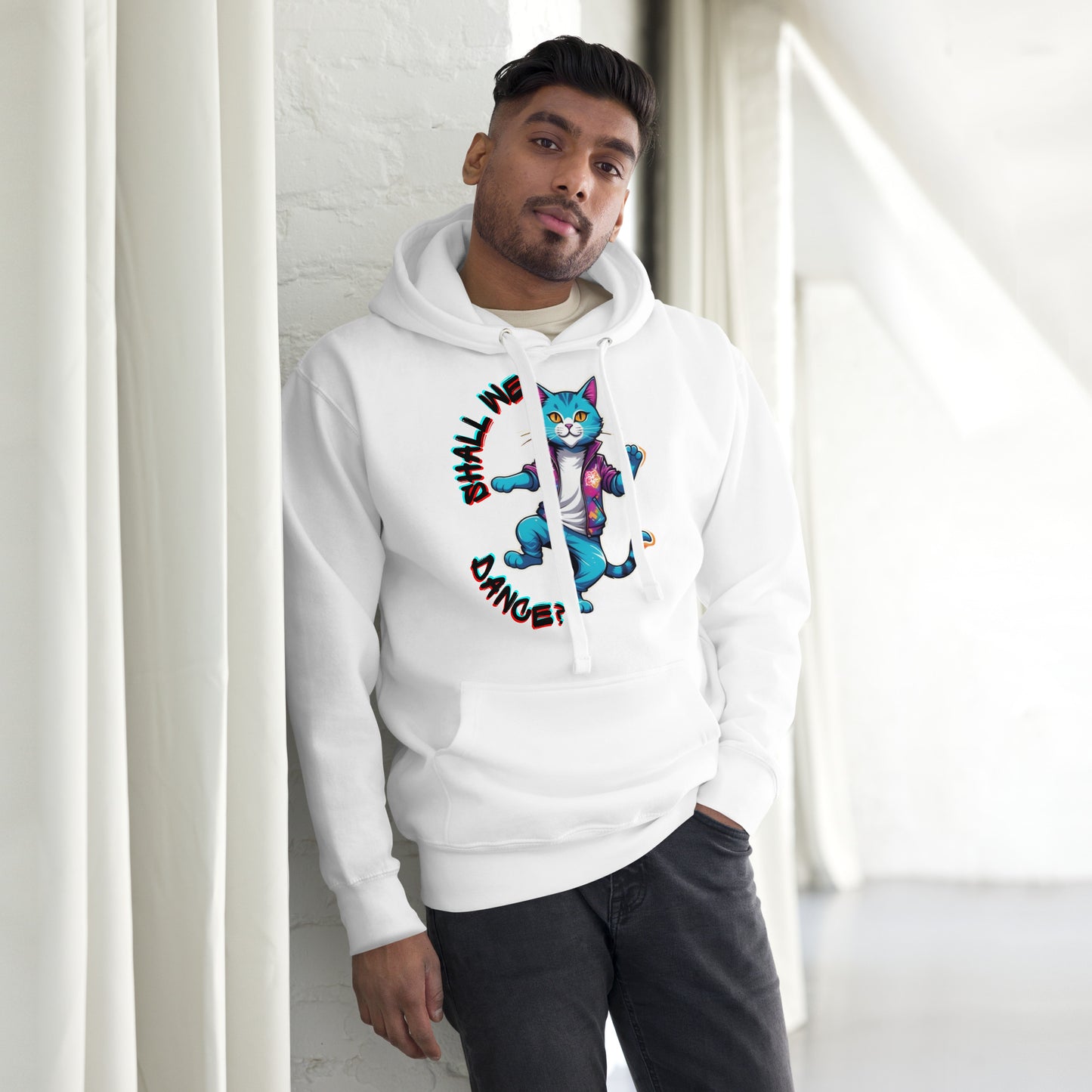 Hipyfi Unisex Premium Hoodie with Vibrant Dance Cat Graphic - Streetwear Style, Soft Cotton Blend, Front Pouch Pocket and Cozy Hood. white-front