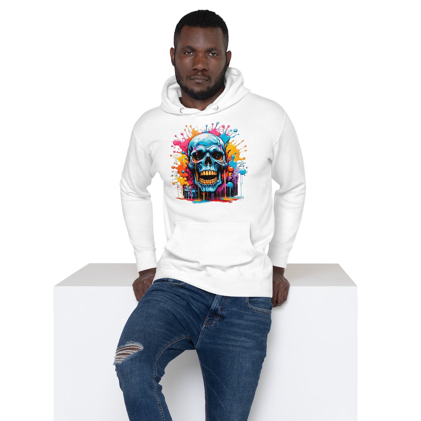 Blue Skull Splash Unisex Streetwear Hoodie by Hipyfi – Digital Art and Graffiti Style. white-front