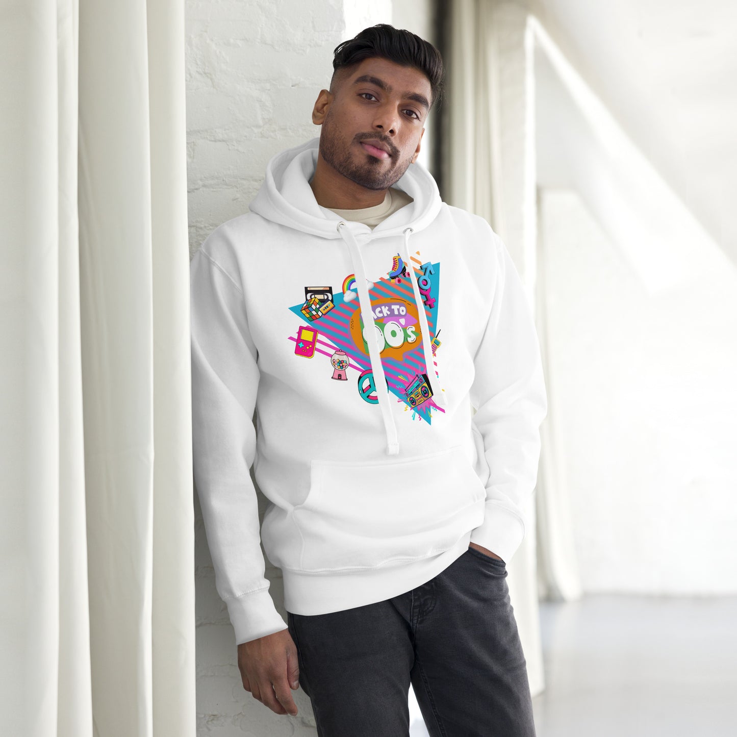 Back to 90s retro unisex graphic hoodie with colorful vintage design – Hipyfi Clothes & Design. white-front