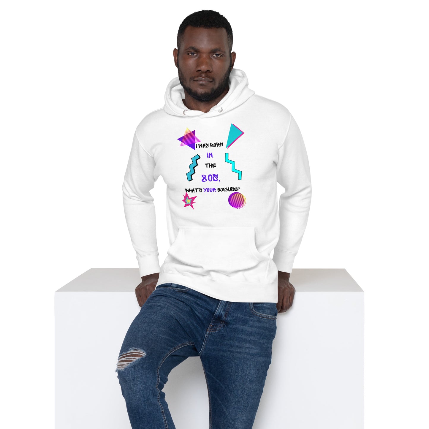 Unisex retro hoodie with bold 80s and 90s neon graphic design – Hipyfi streetwear. white-front