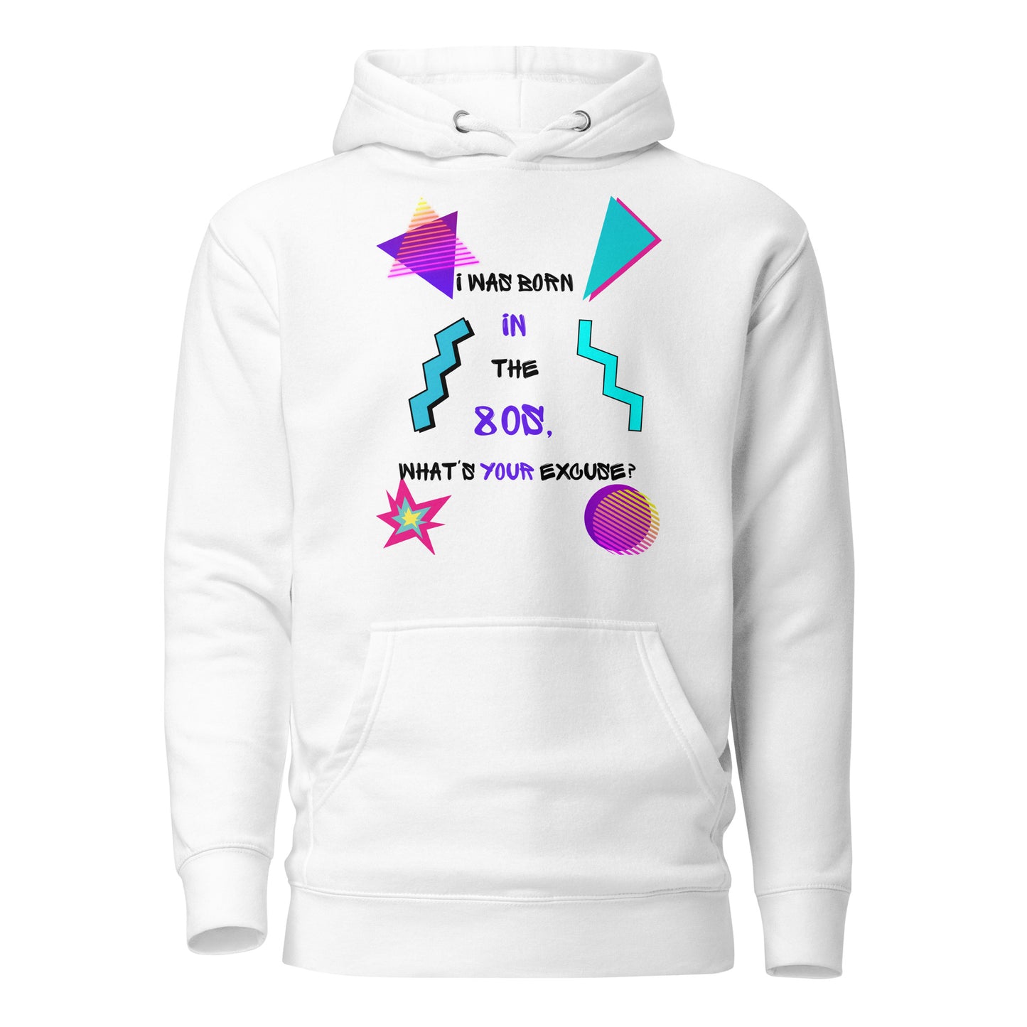 Unisex retro hoodie with bold 80s and 90s neon graphic design – Hipyfi streetwear. white-front-2