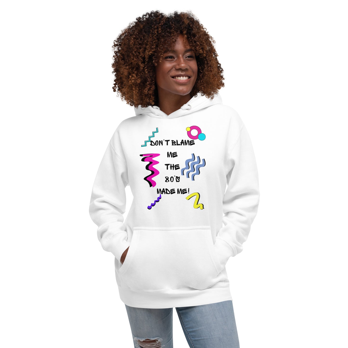 Unisex 80s retro hoodie with bold neon graphic and “Don’t Blame Me, The 80s Made Me” text – Hipyfi streetwear style. white-front