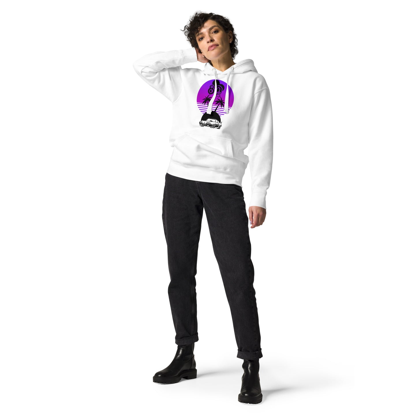 Vaporwave Sunset Unisex Hoodie with retro 80s synthwave design by Hipyfi Clothes & Design. white-front