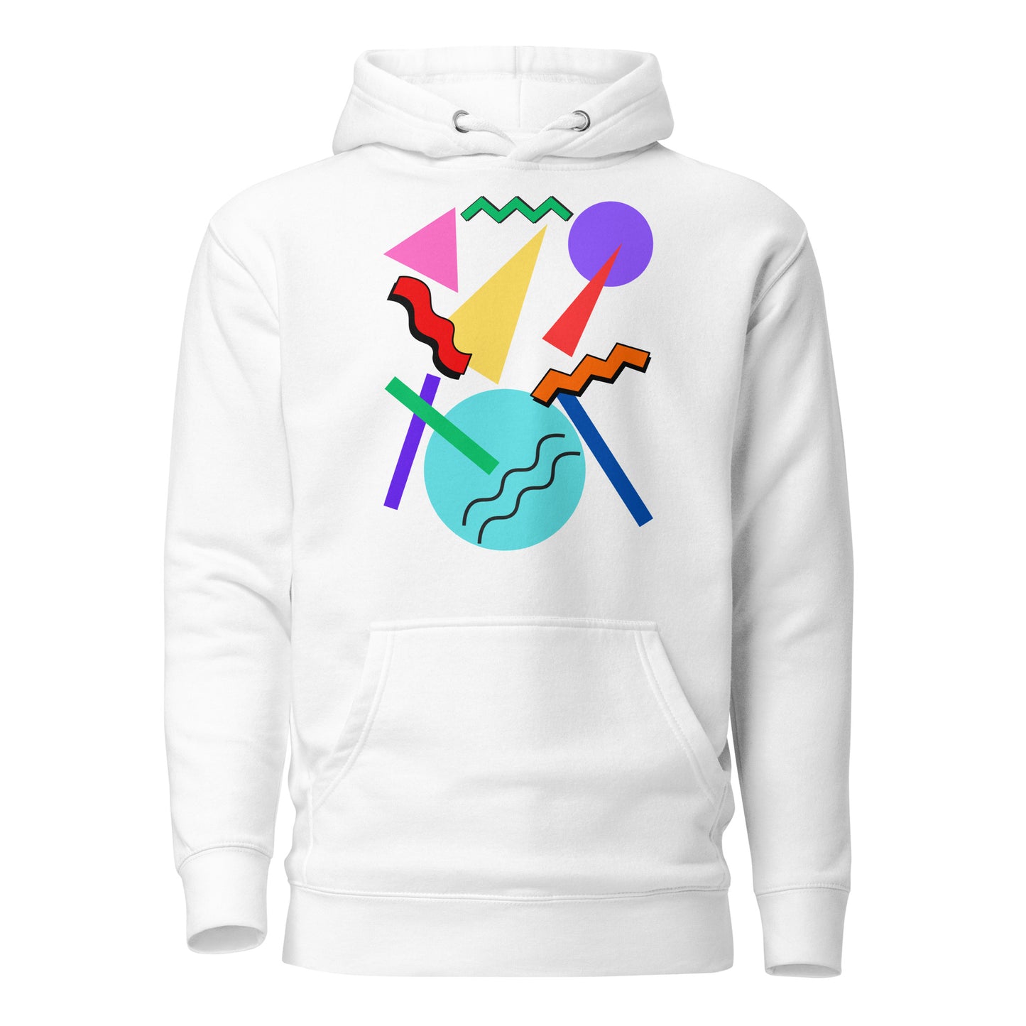Retro Pop Memphis Hoodie with colorful geometric abstract design – unisex streetwear by Hipyfi Clothes & Design. white-front-2