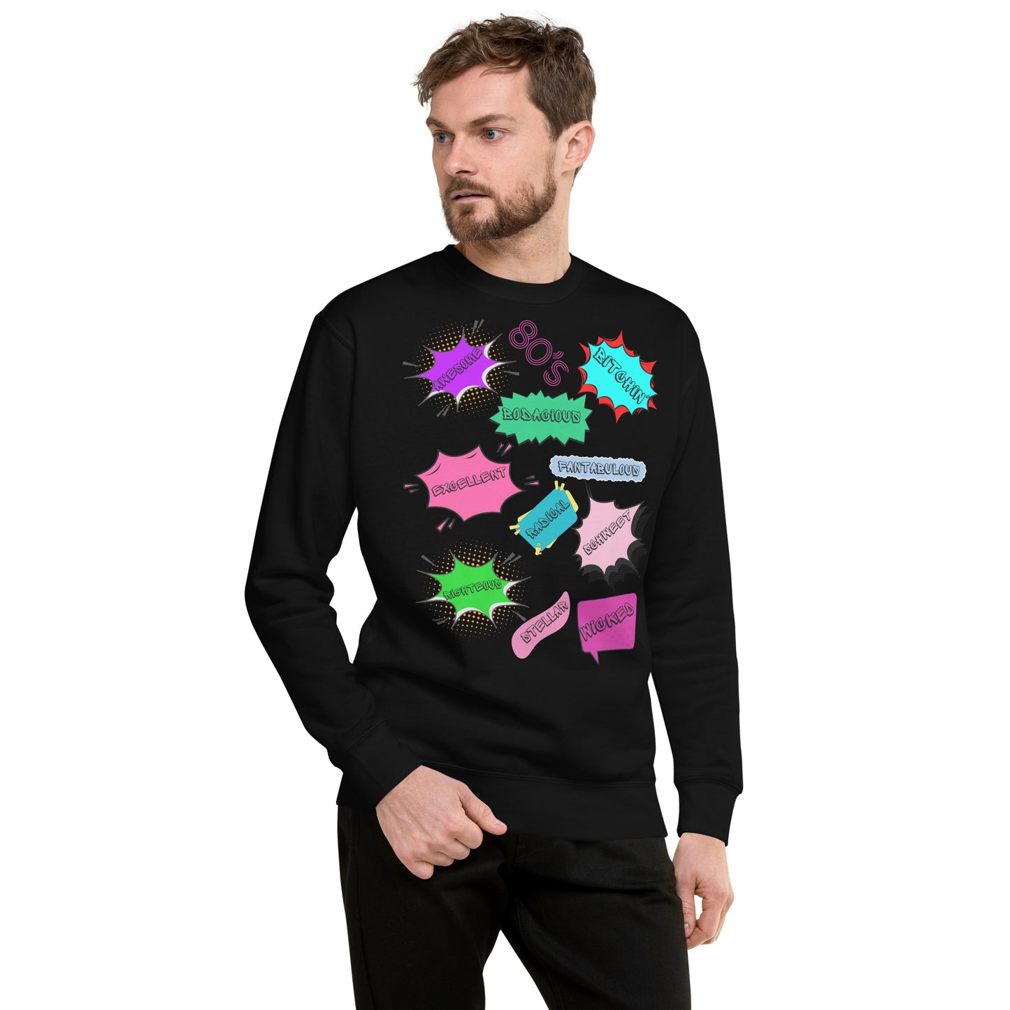 Hipyfi Unisex 80s Pop Art Sweatshirt – Vibrant Retro Graphic Design featuring bold neon colors and comic book style graphics. black-front-4