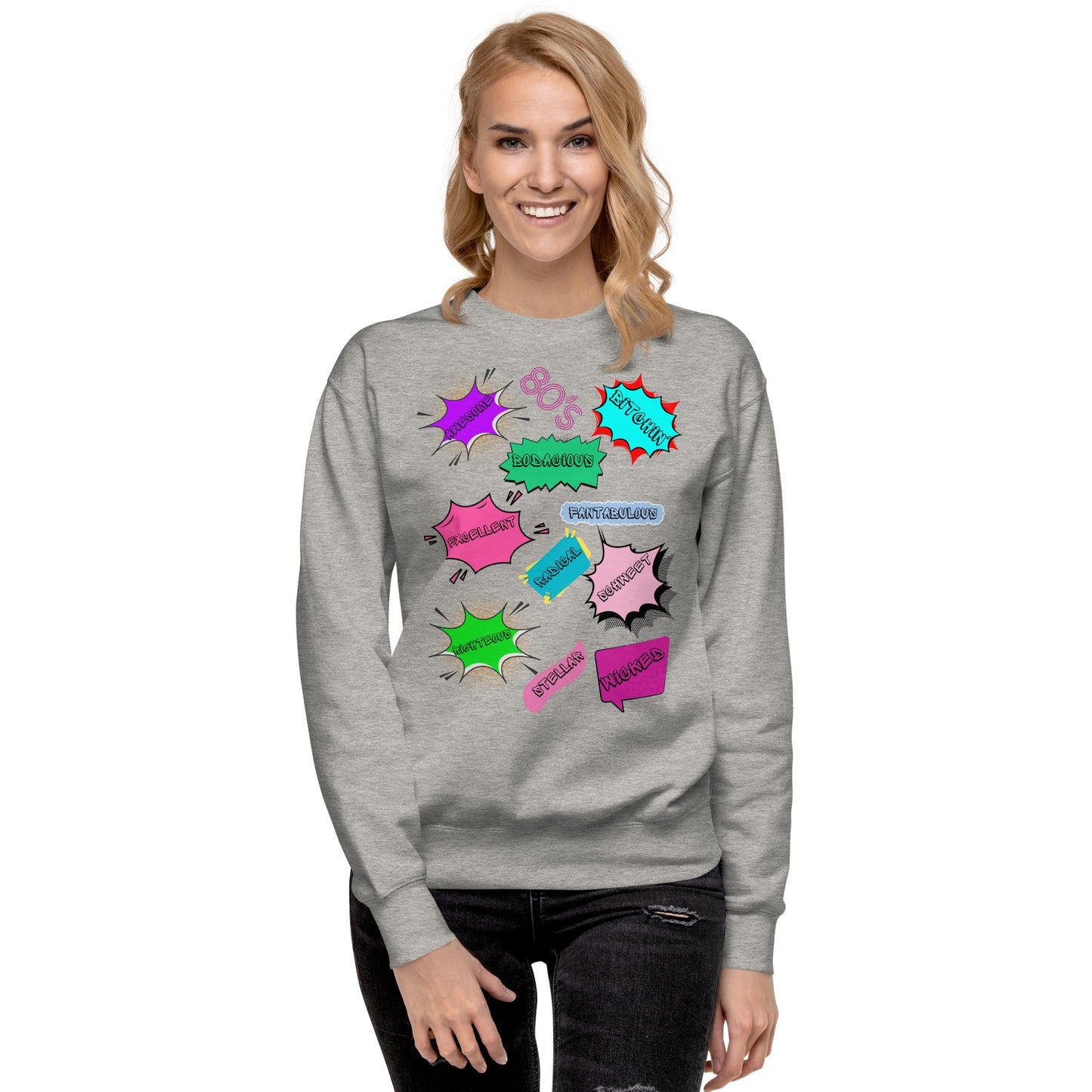 Hipyfi Unisex 80s Pop Art Sweatshirt – Vibrant Retro Graphic Design featuring bold neon colors and comic book style graphics. carbon-grey-front-3