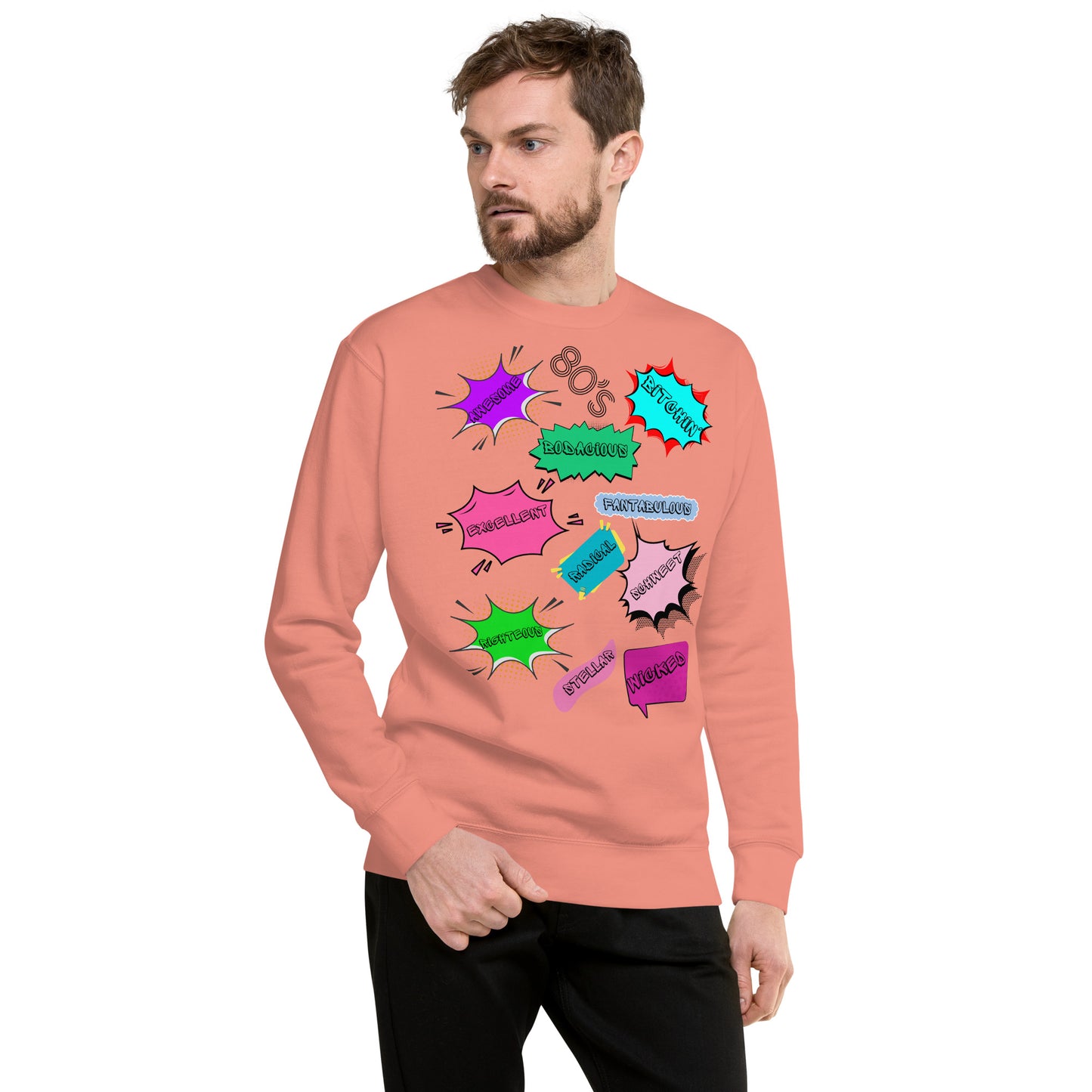 Hipyfi Unisex 80s Pop Art Sweatshirt – Vibrant Retro Graphic Design featuring bold neon colors and comic book style graphics. dusty-rose-front-4