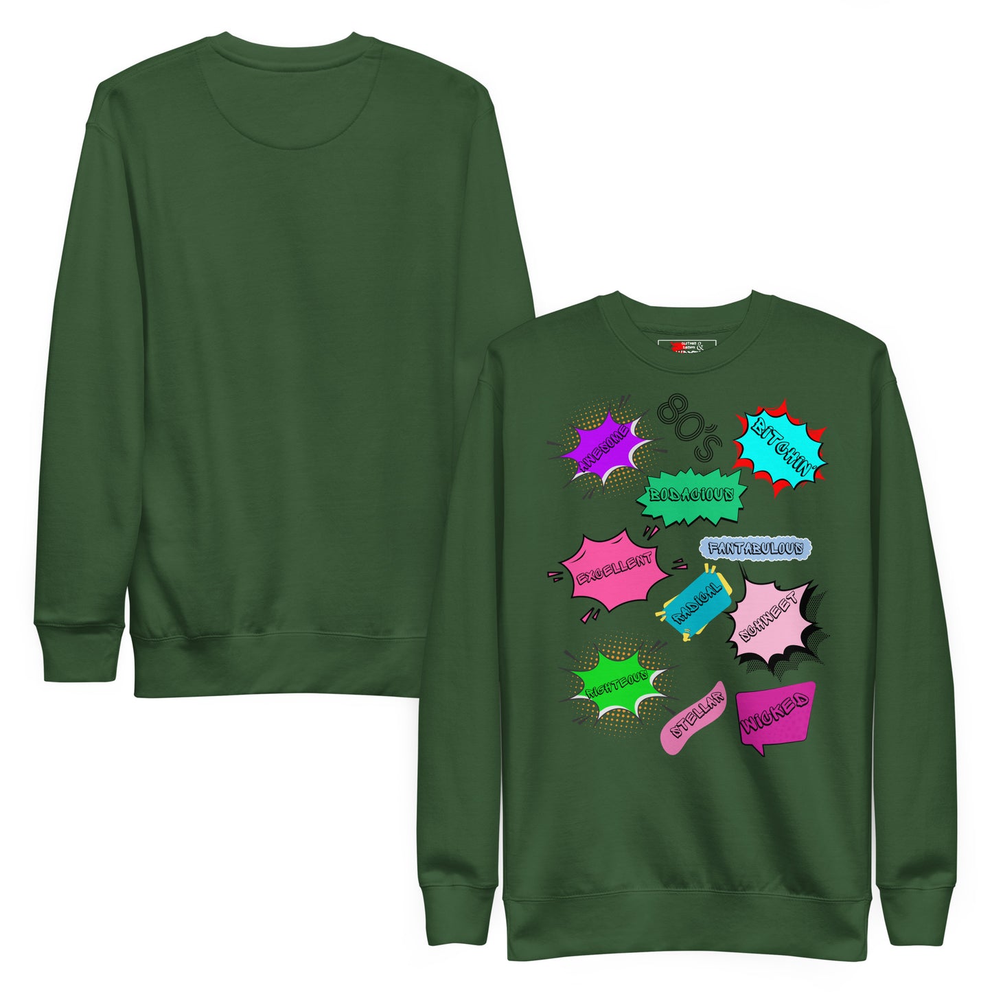 Hipyfi Unisex 80s Pop Art Sweatshirt – Vibrant Retro Graphic Design featuring bold neon colors and comic book style graphics. forest-green-front-and-back