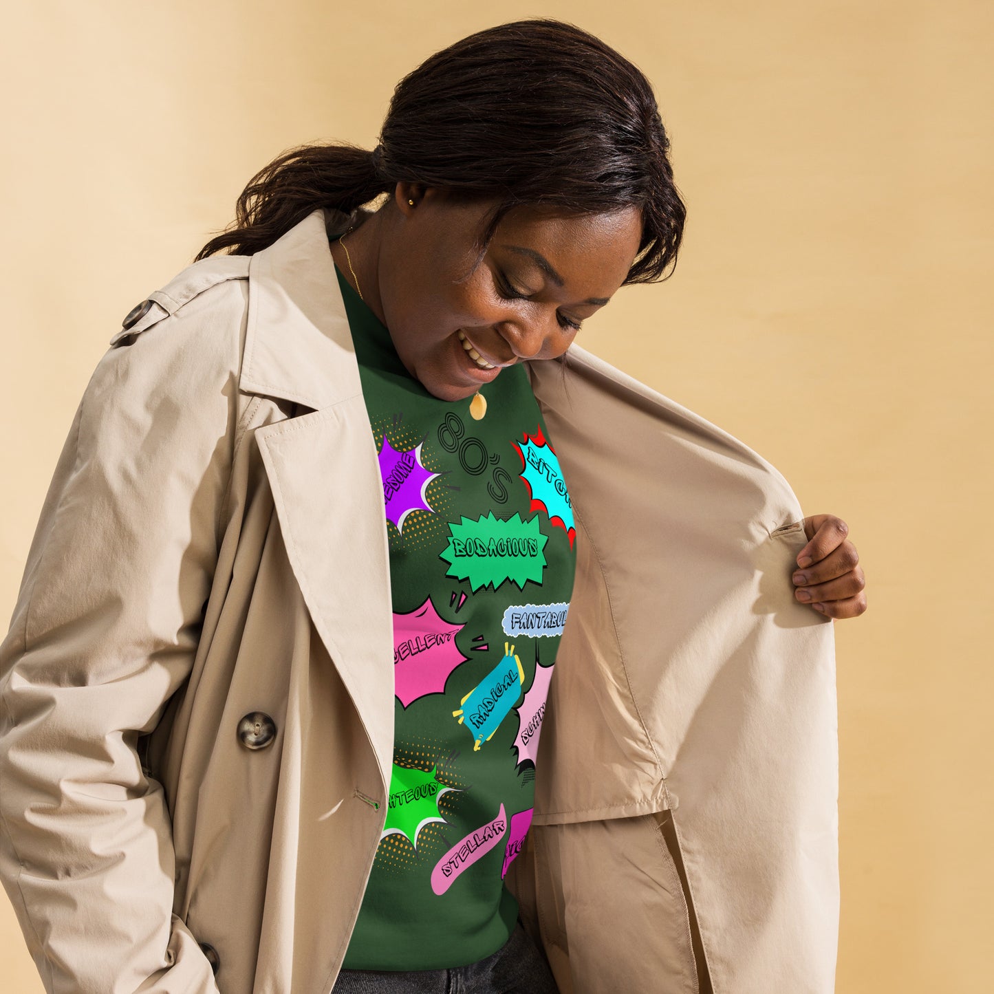 Hipyfi Unisex 80s Pop Art Sweatshirt – Vibrant Retro Graphic Design featuring bold neon colors and comic book style graphics. forest-green-right-front