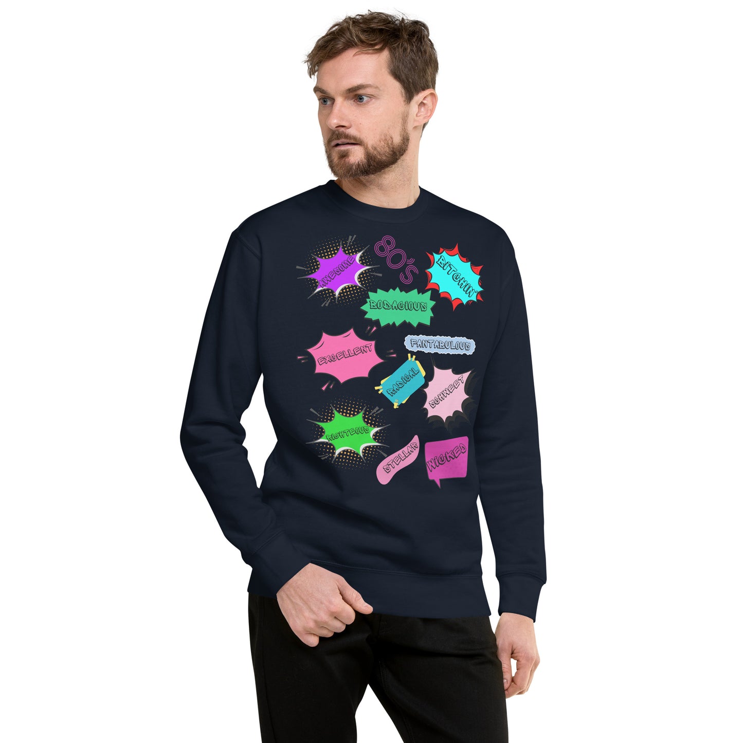 Hipyfi Unisex 80s Pop Art Sweatshirt – Vibrant Retro Graphic Design featuring bold neon colors and comic book style graphics. navy-blazer-front-4