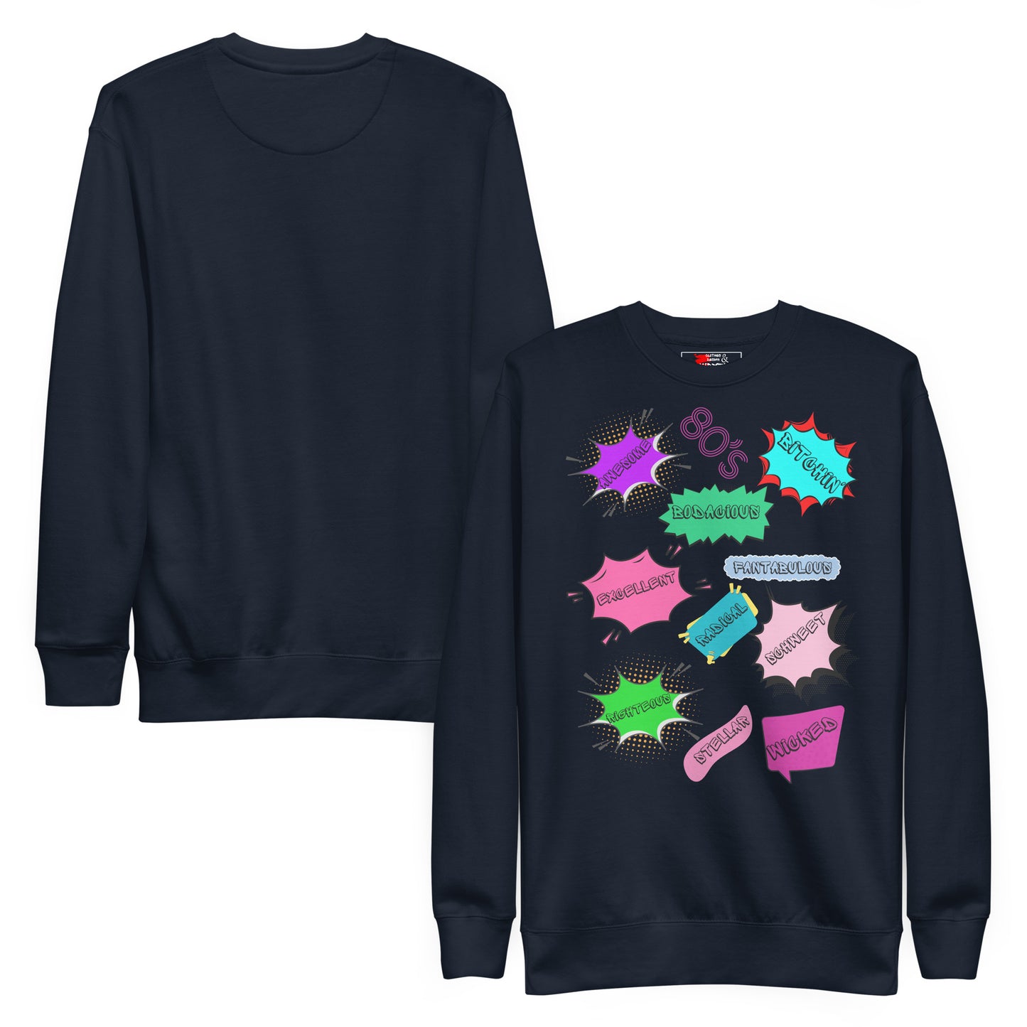 Hipyfi Unisex 80s Pop Art Sweatshirt – Vibrant Retro Graphic Design featuring bold neon colors and comic book style graphics. navy-blazer-front-and-back