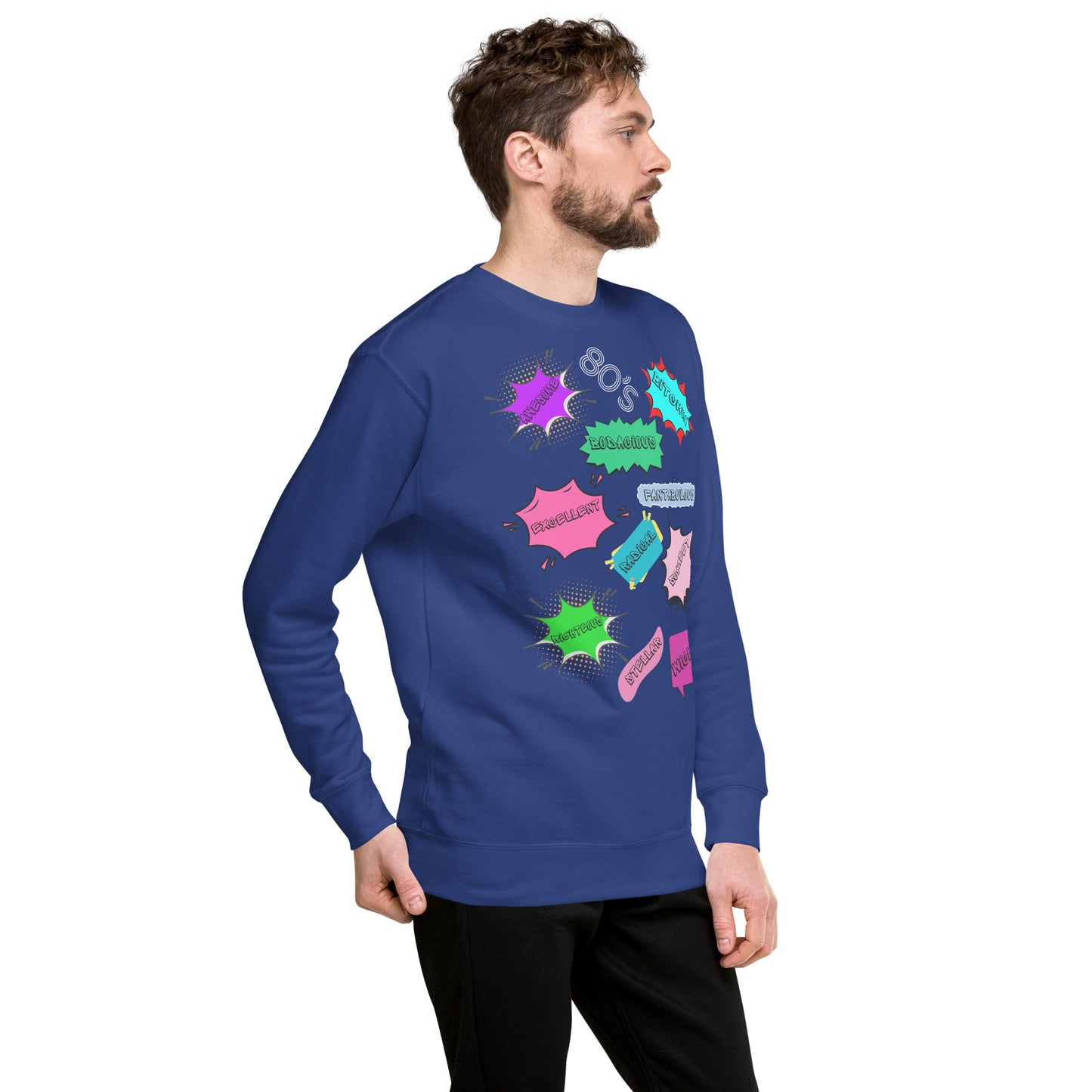 Hipyfi Unisex 80s Pop Art Sweatshirt – Vibrant Retro Graphic Design featuring bold neon colors and comic book style graphics. team-royal-right-front-3
