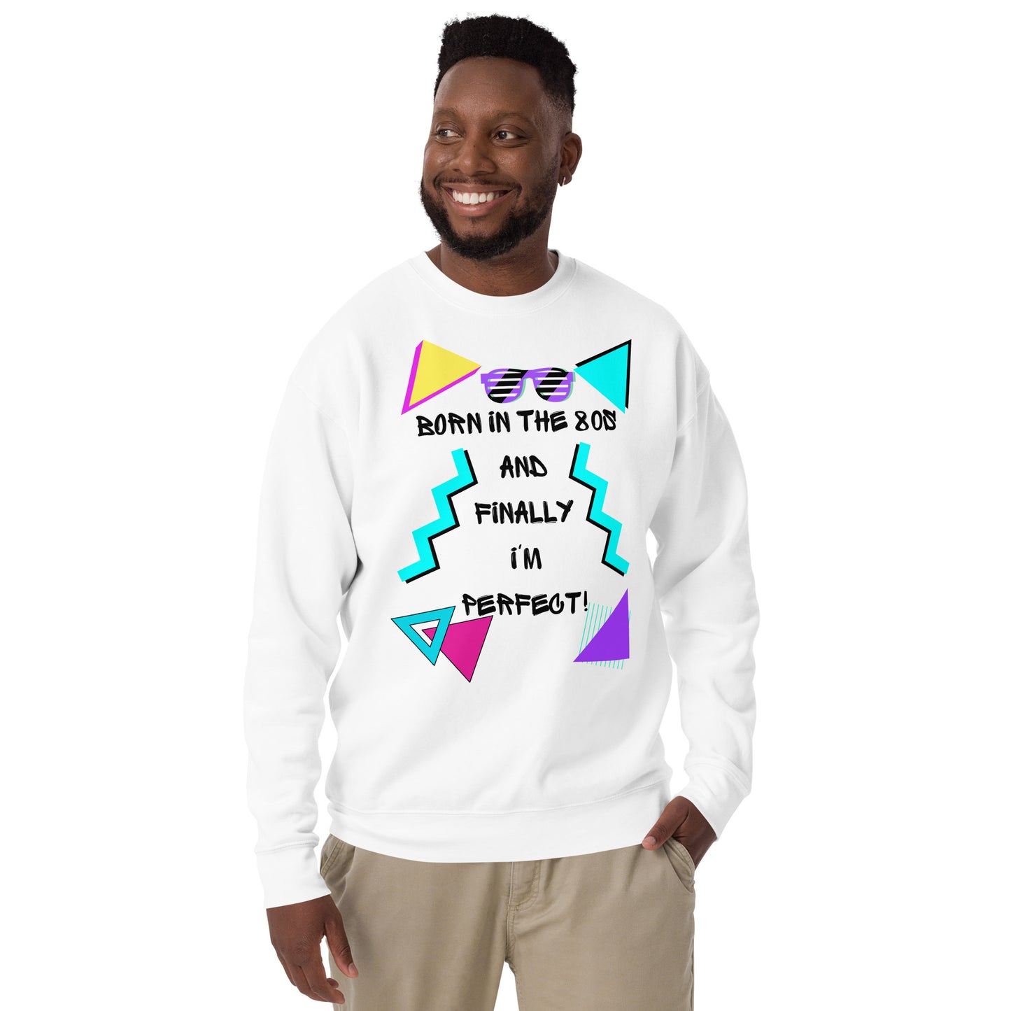 Hipyfi Retro 80s Unisex Premium Sweatshirt – Born in the 80s, featuring bold geometric design and vibrant neon colors. white-front-5