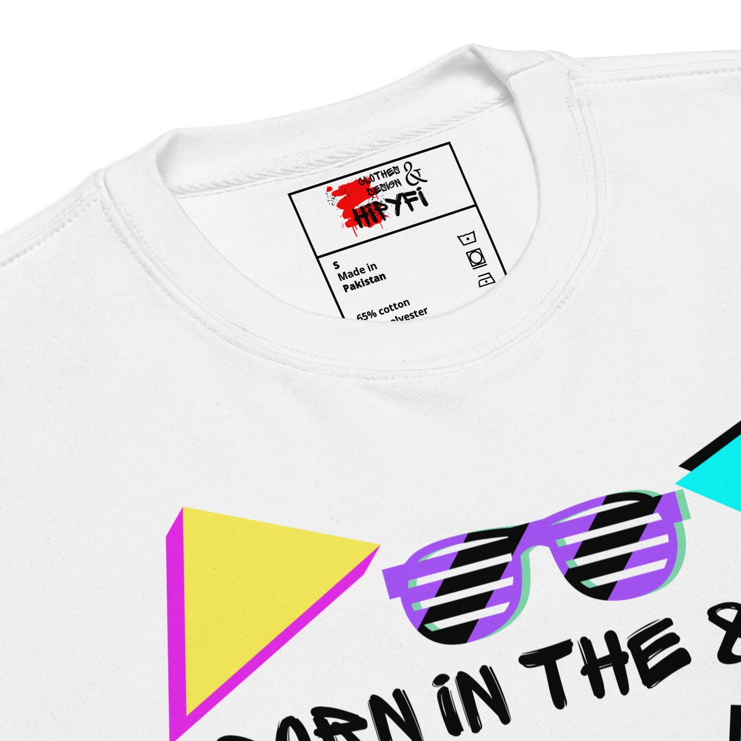 Hipyfi Retro 80s Unisex Premium Sweatshirt – Born in the 80s, featuring bold geometric design and vibrant neon colors. white-product-details