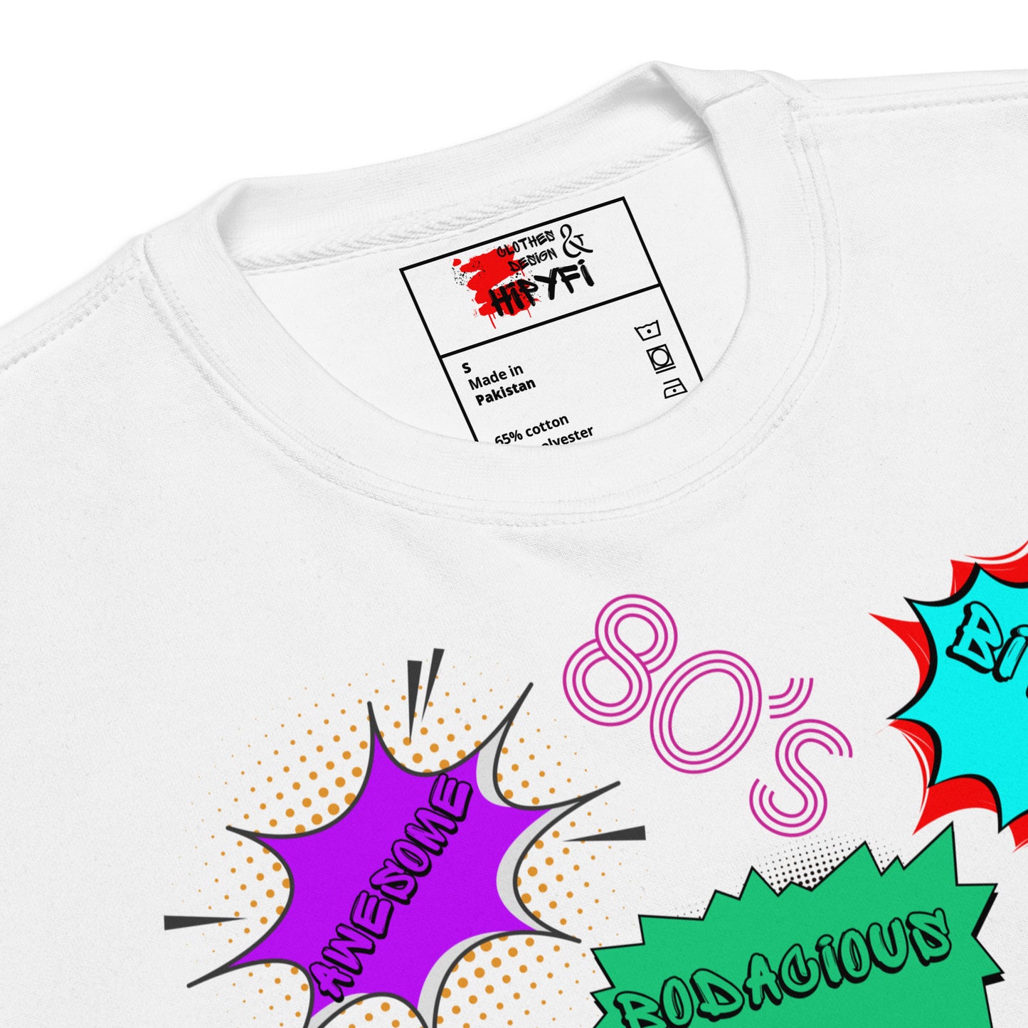 Hipyfi Unisex 80s Pop Art Sweatshirt – Vibrant Retro Graphic Design featuring bold neon colors and comic book style graphics. product-details