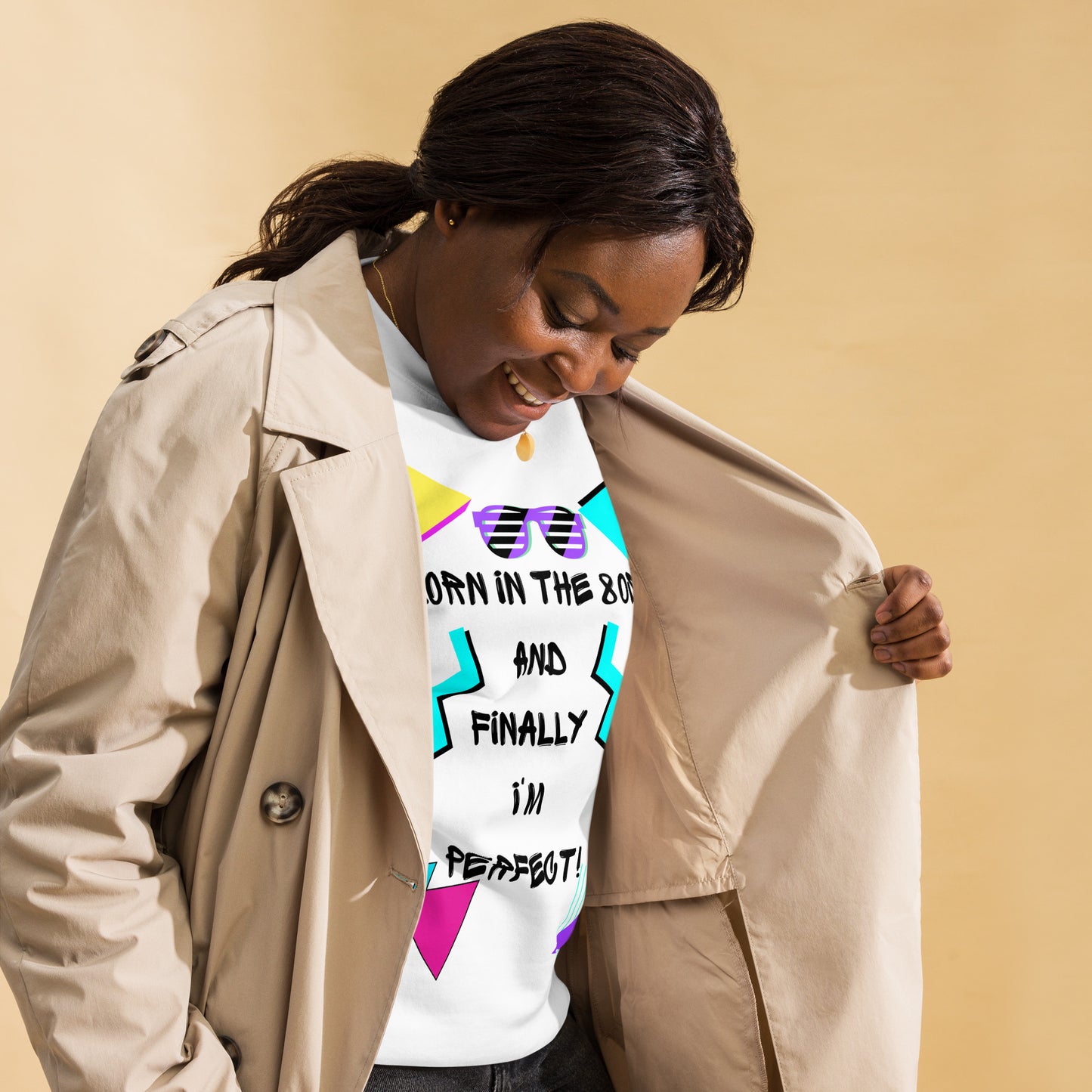 Hipyfi Retro 80s Unisex Premium Sweatshirt – Born in the 80s, featuring bold geometric design and vibrant neon colors. white-right-front