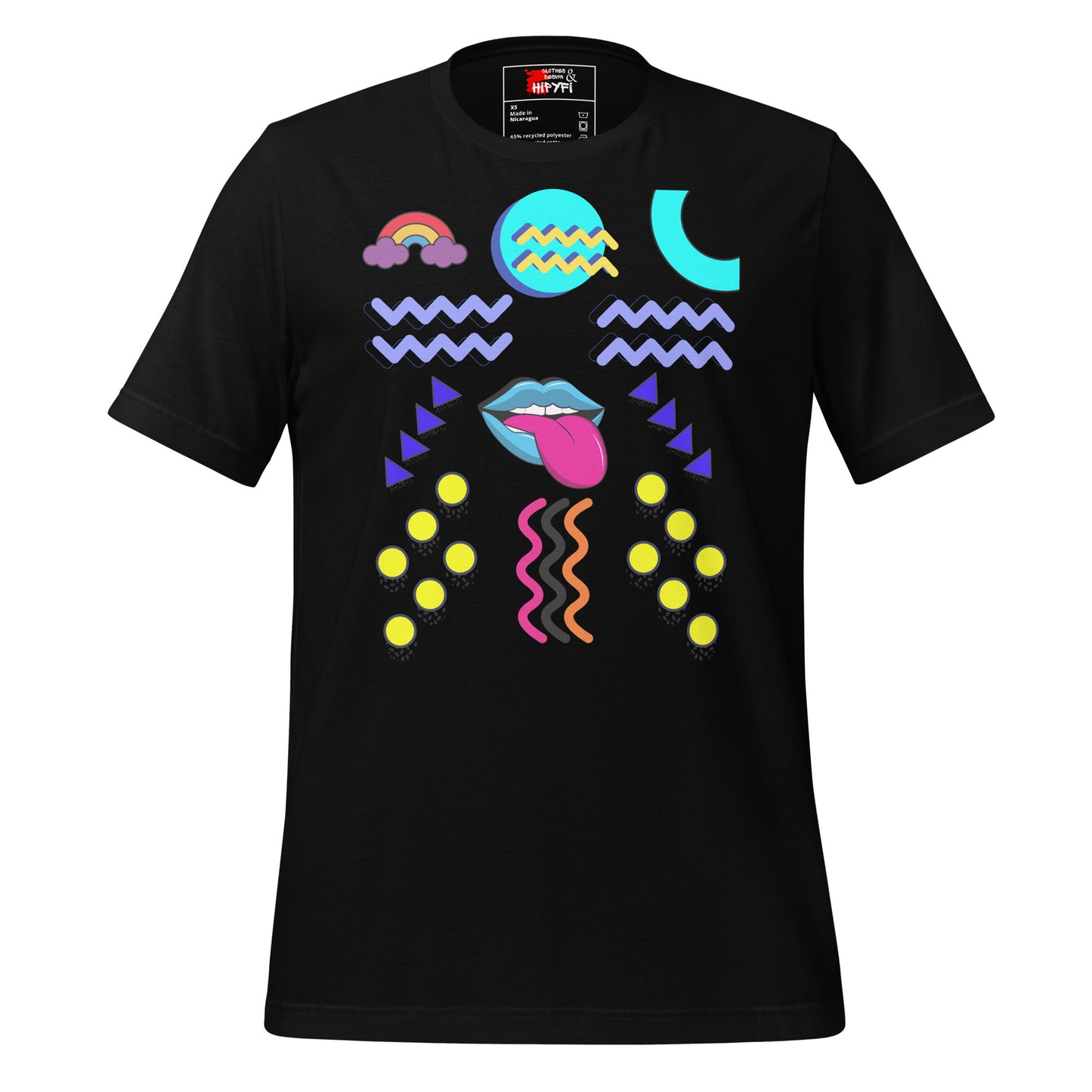 Unisex eco-friendly t-shirt with bold 80s Memphis pop art design – Retro graphic tee by Hipyfi Clothes & Design. black-front-4