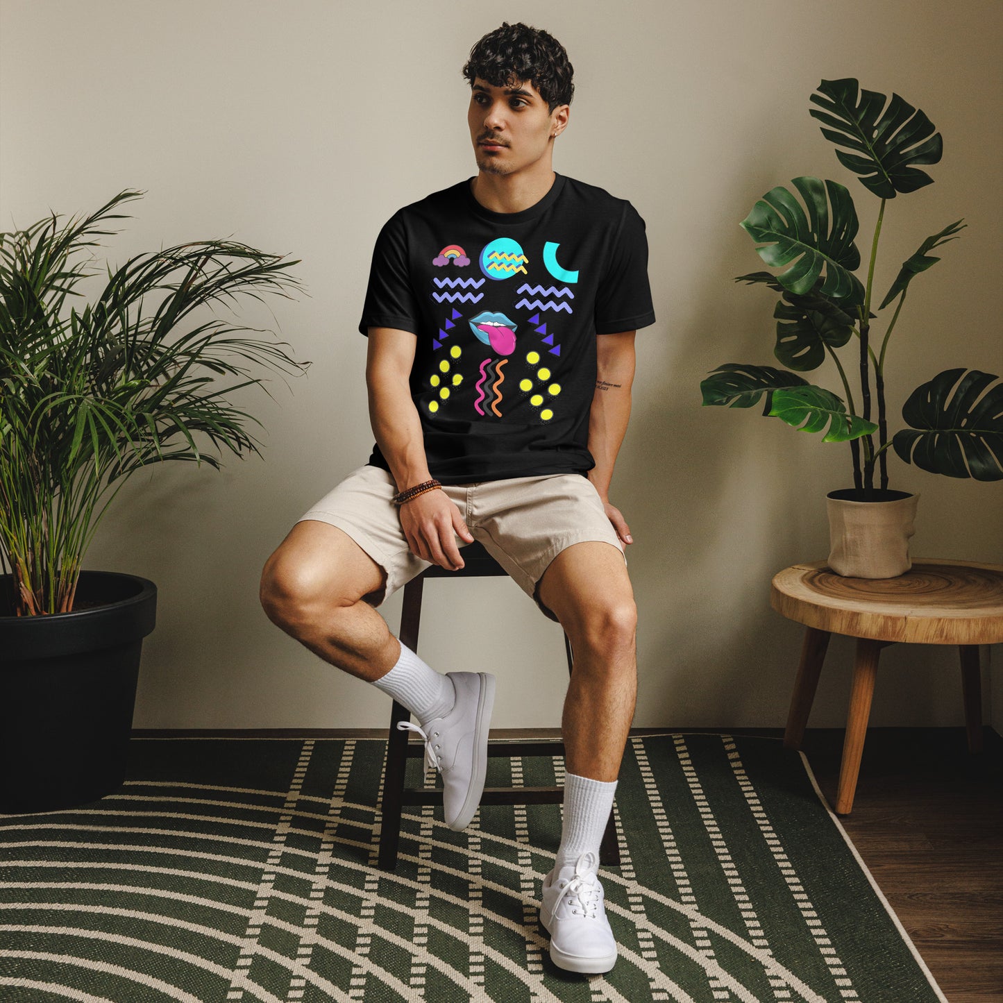 Unisex eco-friendly t-shirt with bold 80s Memphis pop art design – Retro graphic tee by Hipyfi Clothes & Design. black-front-2
