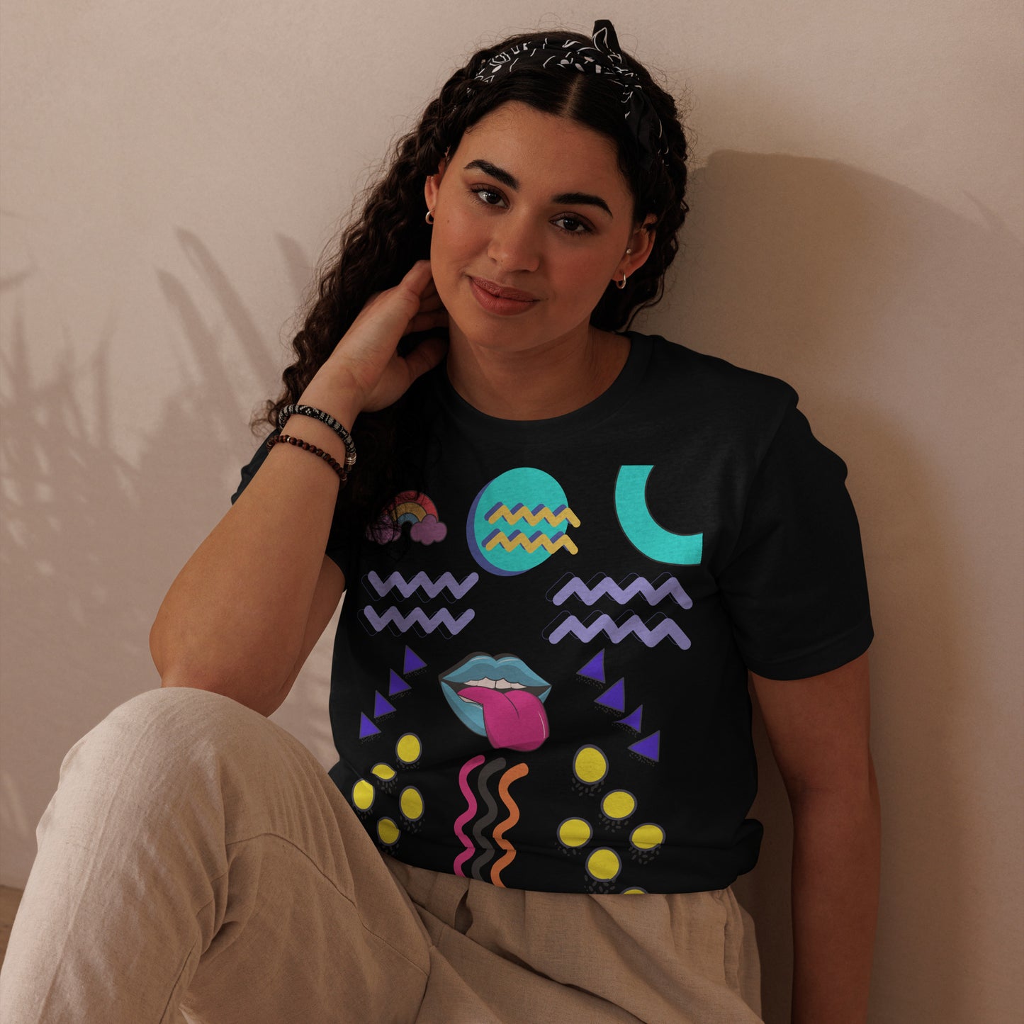 Unisex eco-friendly t-shirt with bold 80s Memphis pop art design – Retro graphic tee by Hipyfi Clothes & Design. black-front-3