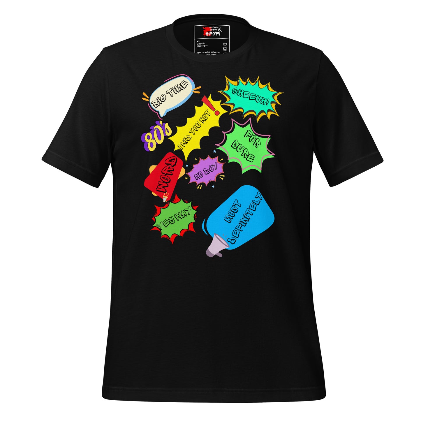 Unisex Eco T-Shirt with Retro 80s Pop Art Neon Graphic – Sustainable Streetwear by Hipyfi Clothes & Design. black-front-4
