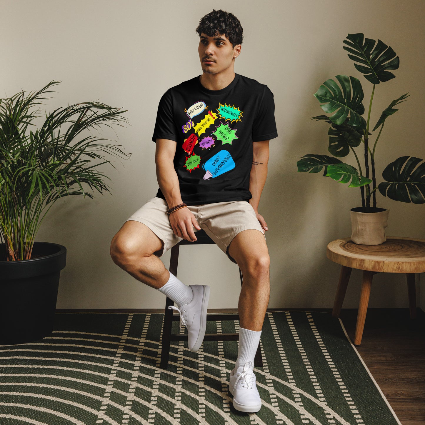 Unisex Eco T-Shirt with Retro 80s Pop Art Neon Graphic – Sustainable Streetwear by Hipyfi Clothes & Design. black-front-2
