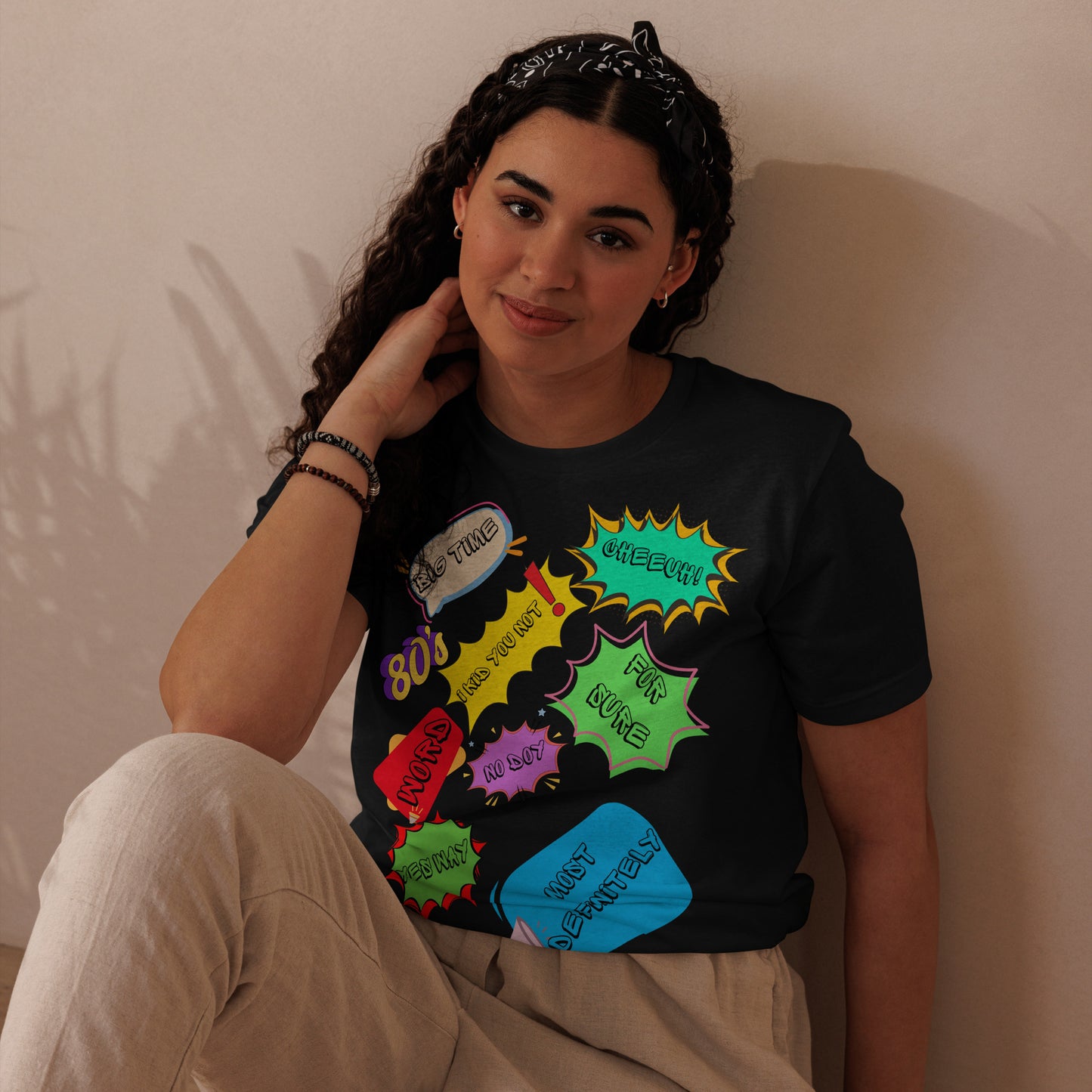 Unisex Eco T-Shirt with Retro 80s Pop Art Neon Graphic – Sustainable Streetwear by Hipyfi Clothes & Design. black-front-3