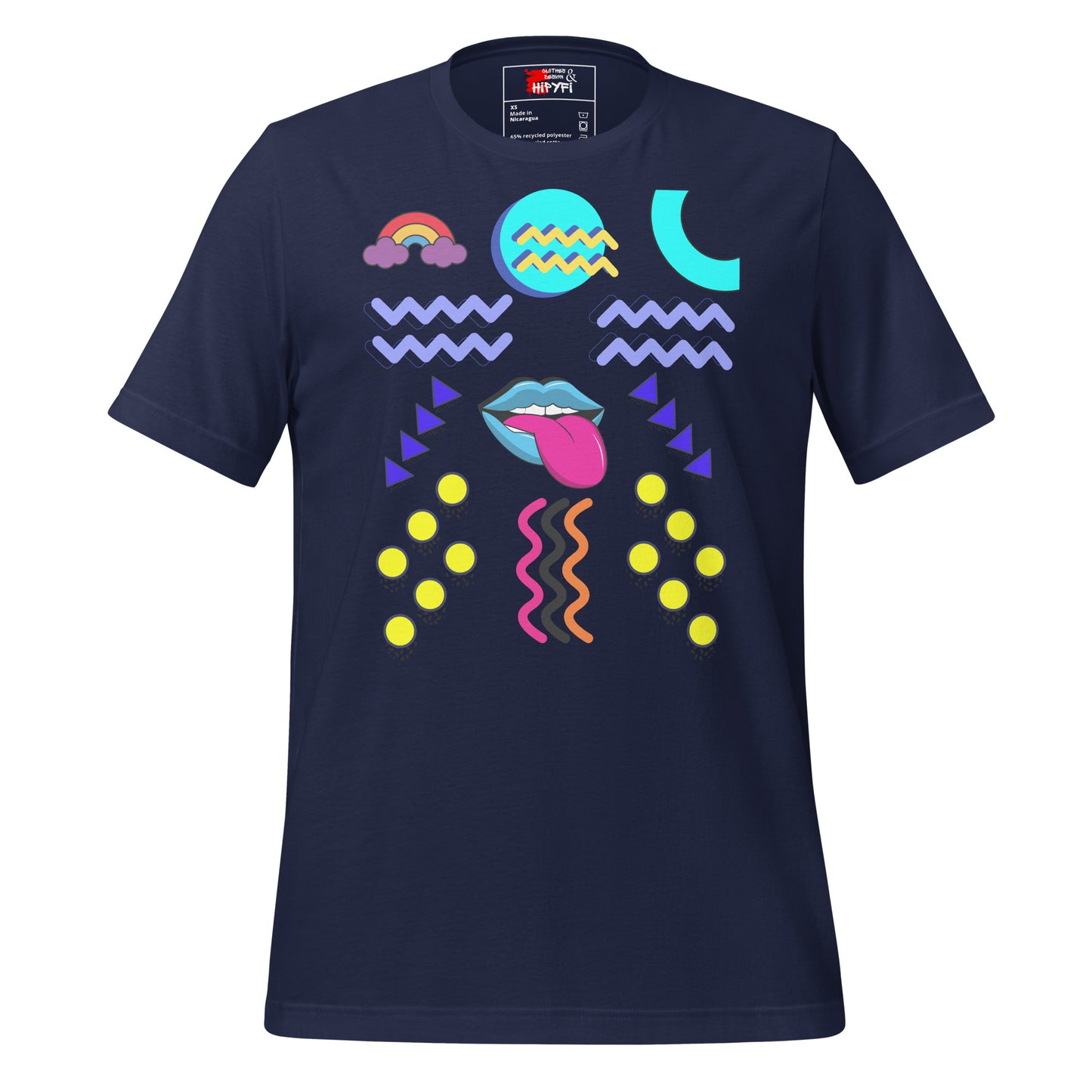 Unisex eco-friendly t-shirt with bold 80s Memphis pop art design – Retro graphic tee by Hipyfi Clothes & Design. navy-front-4