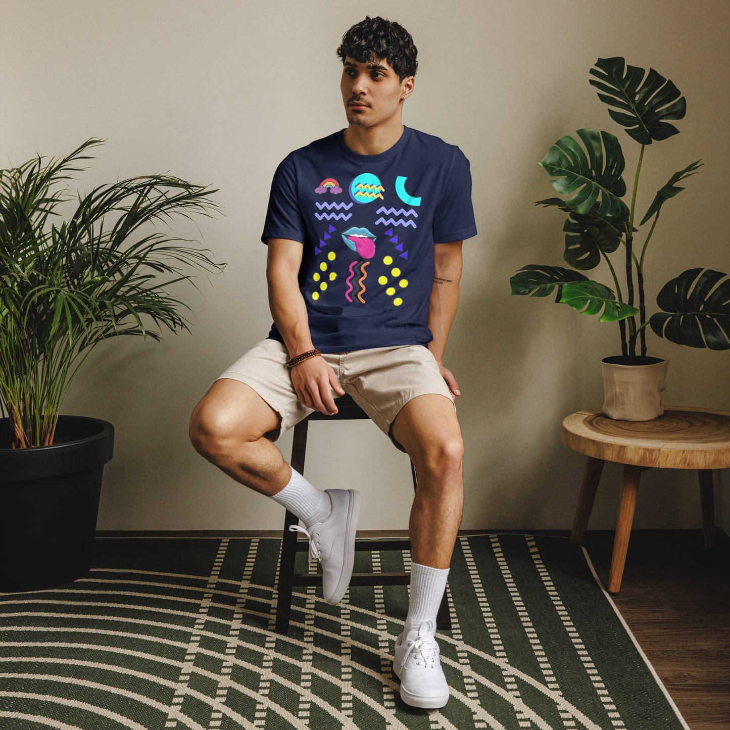 Unisex eco-friendly t-shirt with bold 80s Memphis pop art design – Retro graphic tee by Hipyfi Clothes & Design. navy-front-2