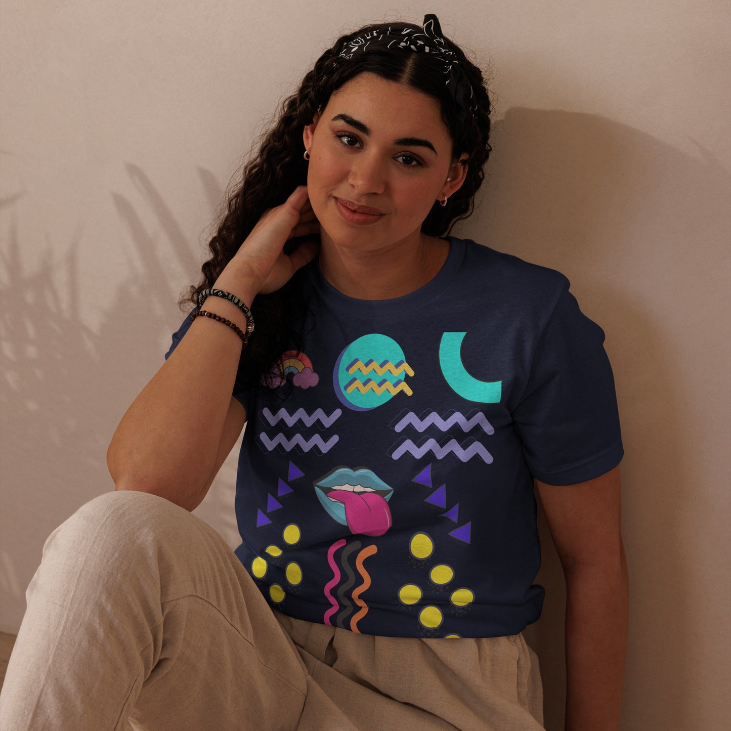 Unisex eco-friendly t-shirt with bold 80s Memphis pop art design – Retro graphic tee by Hipyfi Clothes & Design. navy-front-3