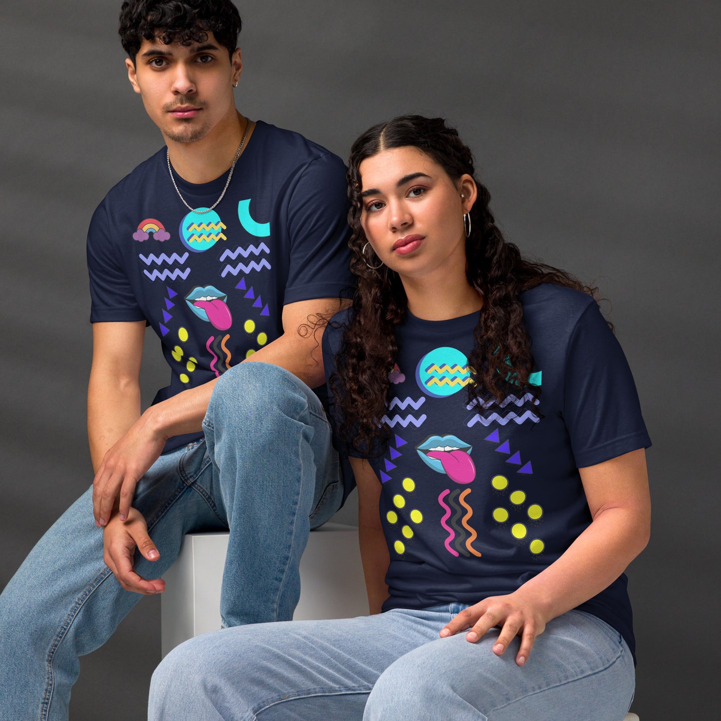 Unisex eco-friendly t-shirt with bold 80s Memphis pop art design – Retro graphic tee by Hipyfi Clothes & Design. navy-front