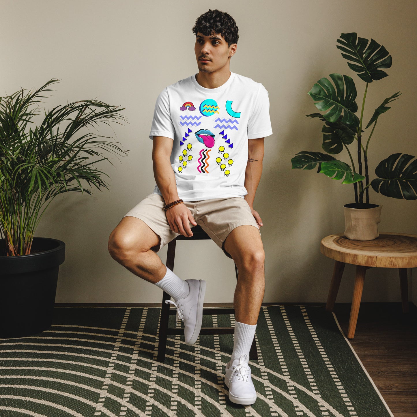 Unisex eco-friendly t-shirt with bold 80s Memphis pop art design – Retro graphic tee by Hipyfi Clothes & Design. white-front-2