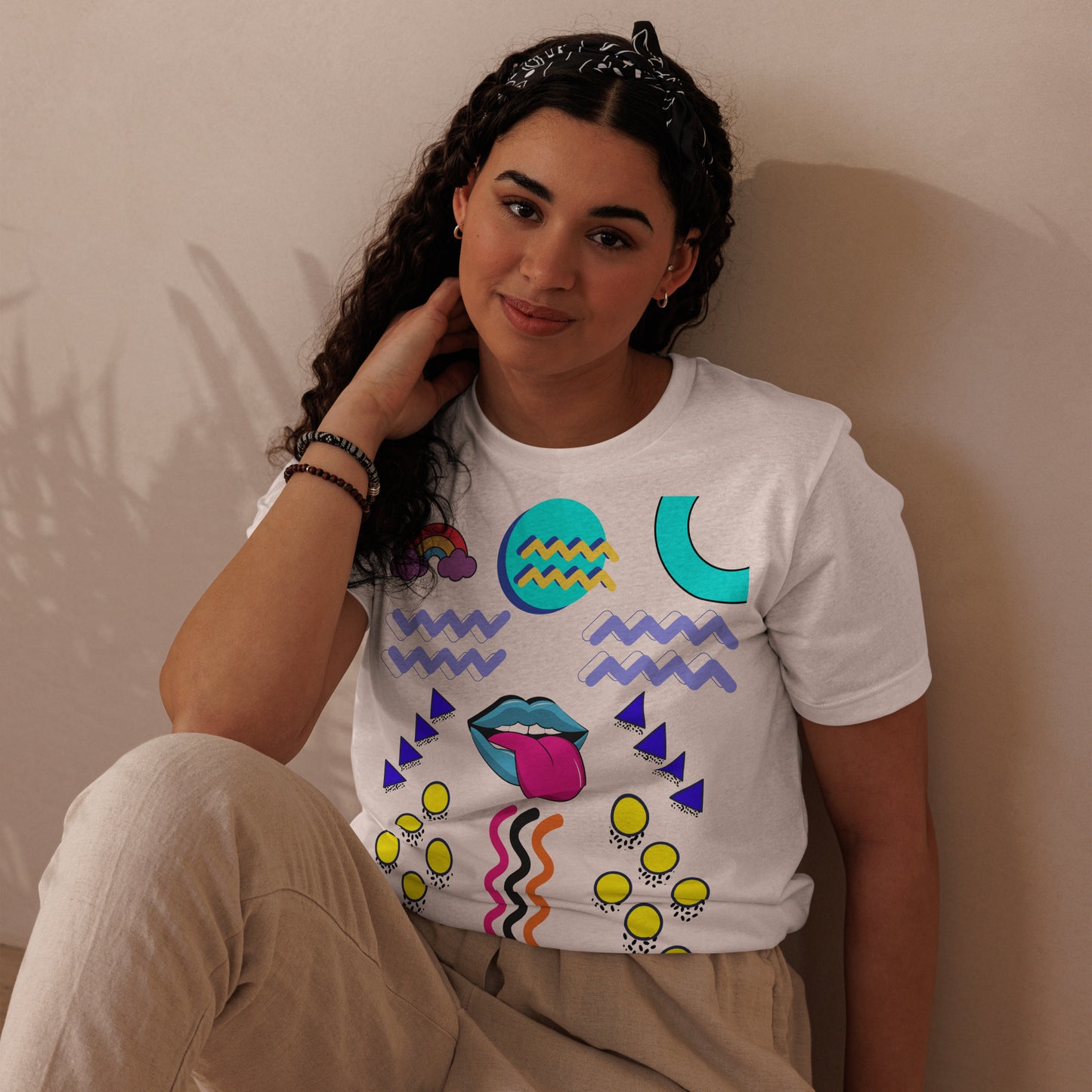 Unisex eco-friendly t-shirt with bold 80s Memphis pop art design – Retro graphic tee by Hipyfi Clothes & Design. white-front-3