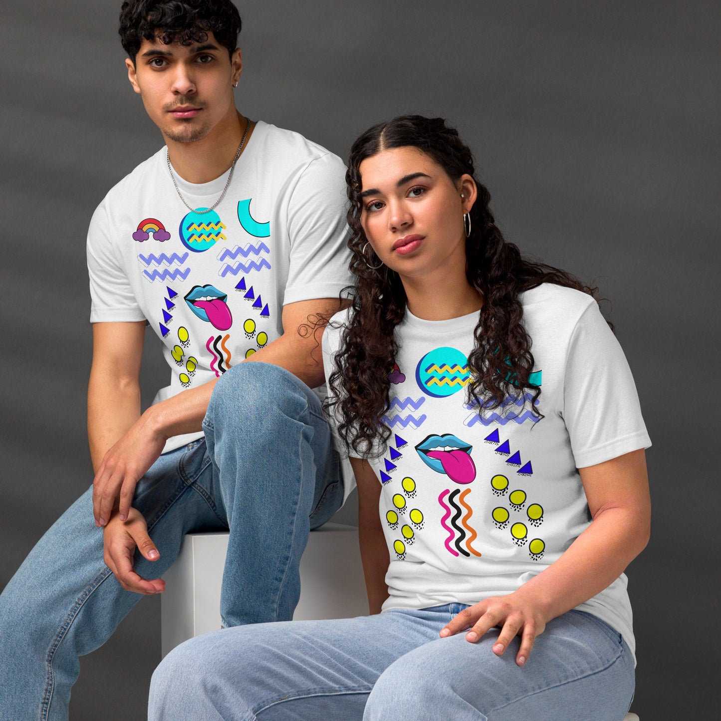 Unisex eco-friendly t-shirt with bold 80s Memphis pop art design – Retro graphic tee by Hipyfi Clothes & Design. white-front