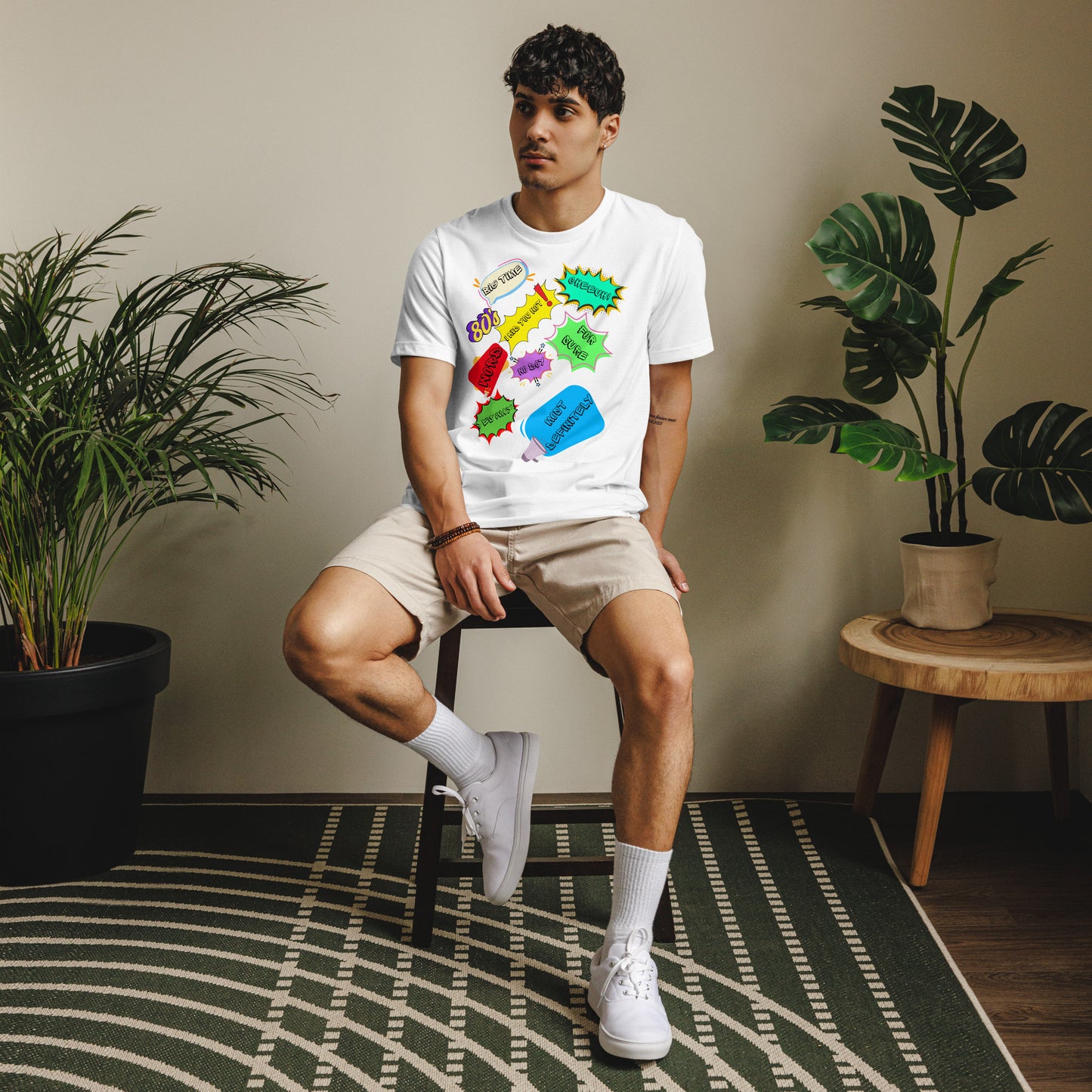 Unisex Eco T-Shirt with Retro 80s Pop Art Neon Graphic – Sustainable Streetwear by Hipyfi Clothes & Design. white-front-2