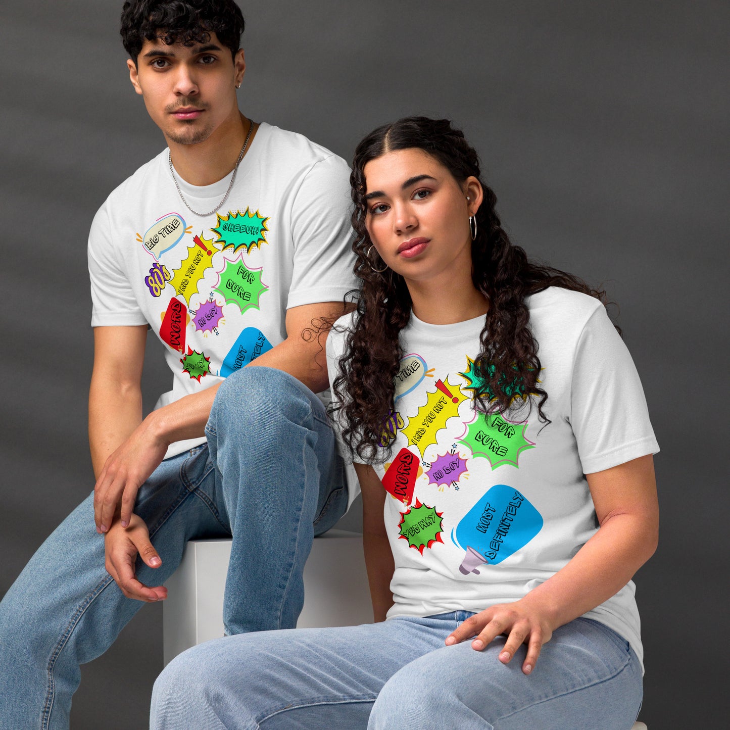Unisex Eco T-Shirt with Retro 80s Pop Art Neon Graphic – Sustainable Streetwear by Hipyfi Clothes & Design. white-front