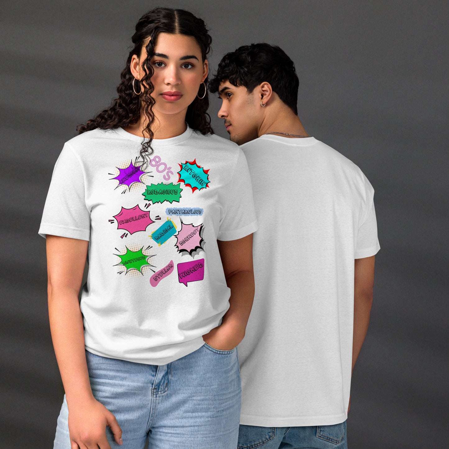 Hipyfi Unisex Eco-Friendly Retro Graphic Tee – 80s Pop Art Design, Recycled Materials, Casual Streetwear. white-front-and-back