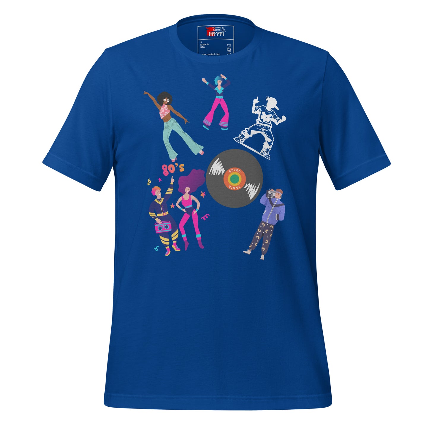 Unisex 80s Dance Graphic T-Shirt with Retro Vinyl Design by Hipyfi – Vintage Pop Art Streetwear. true-royal-front-4