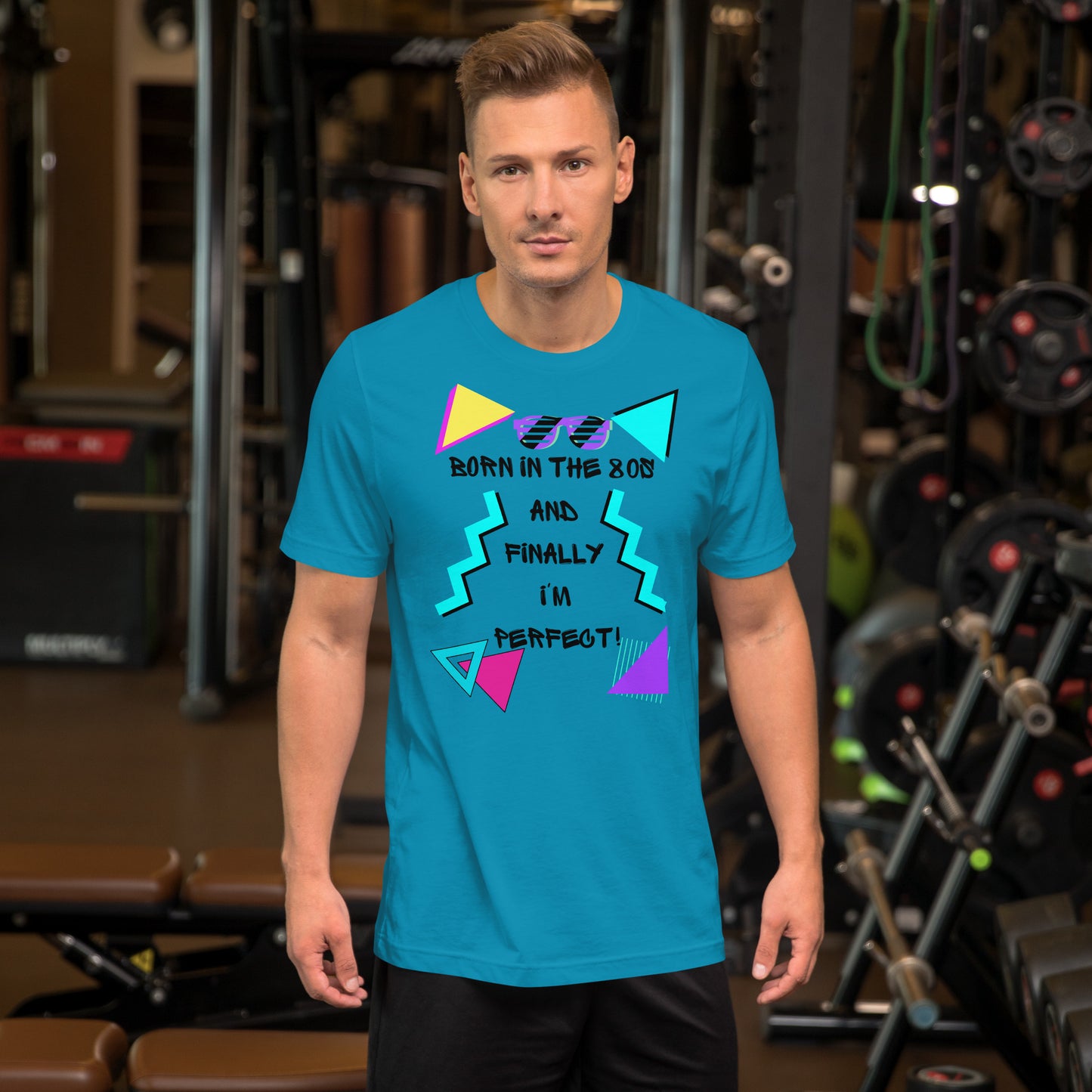 Hipyfi Unisex 80s Retro T-Shirt – Born in the 80s, Perfected for Today, featuring bold 80s graphic design and retro typography. aqua-front
