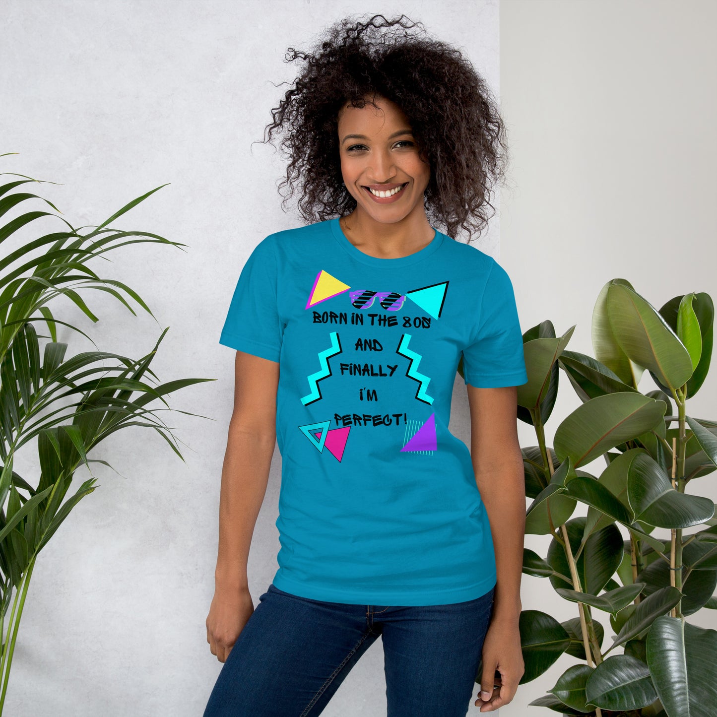 Hipyfi Unisex 80s Retro T-Shirt – Born in the 80s, Perfected for Today, featuring bold 80s graphic design and retro typography. aqua-front-2