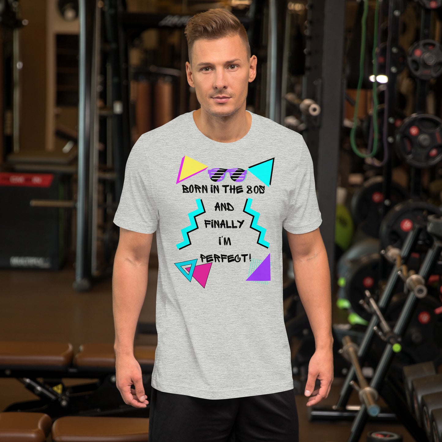 Hipyfi Unisex 80s Retro T-Shirt – Born in the 80s, Perfected for Today, featuring bold 80s graphic design and retro typography. athletic-heather-front